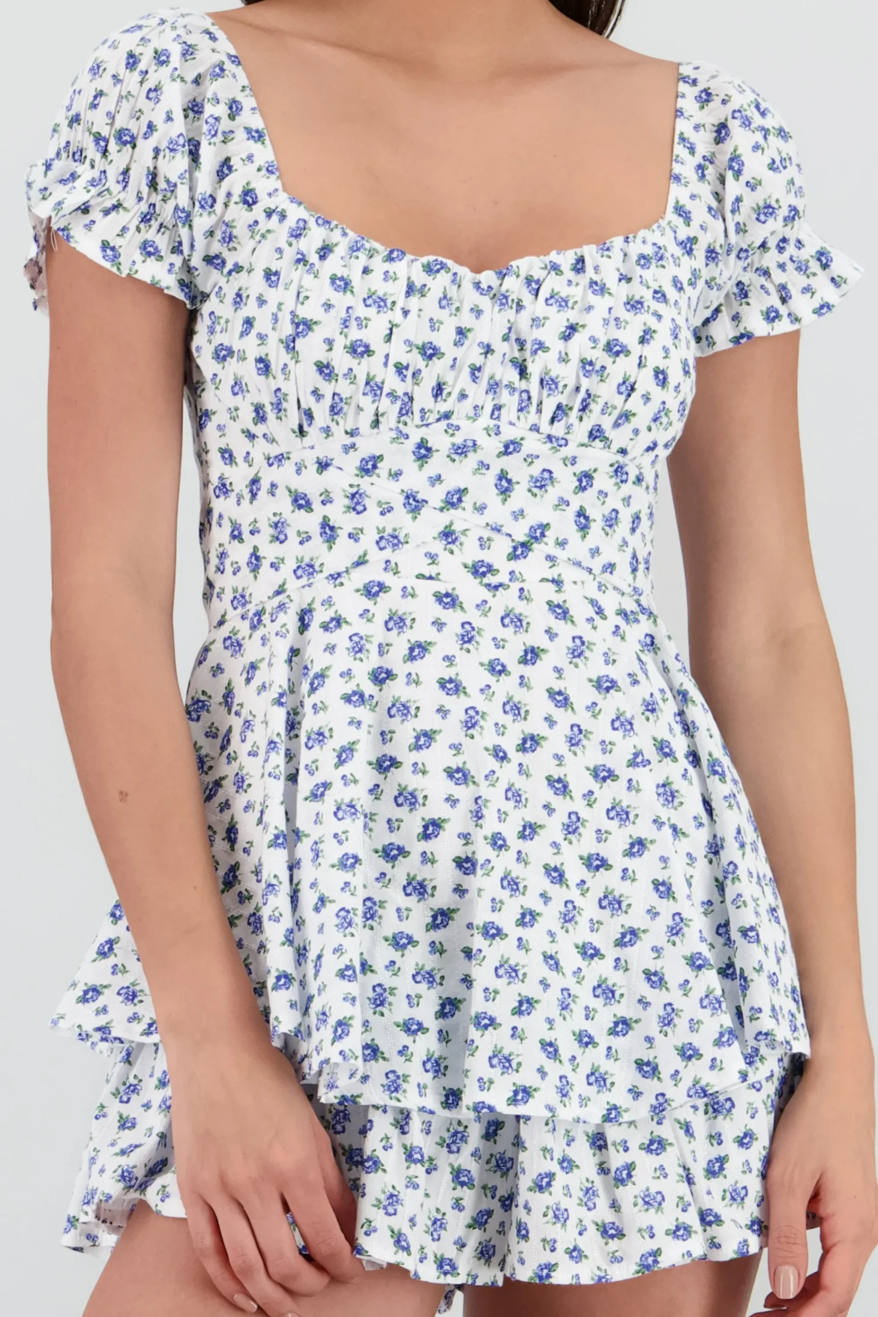 Shasa Ruffled Floral Romper with Embroidered Details