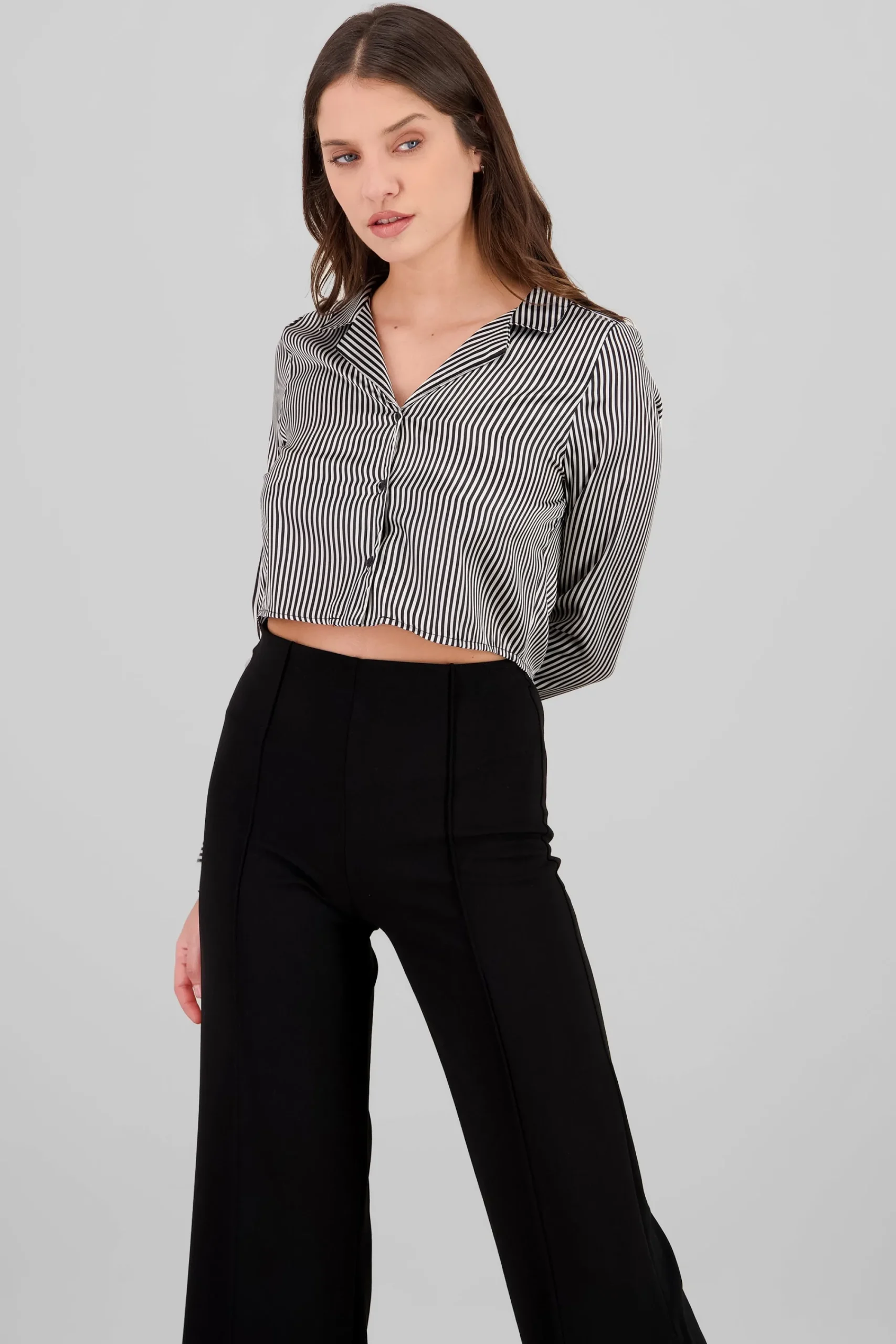 Shasa Satin Long Sleeve Cropped Shirt