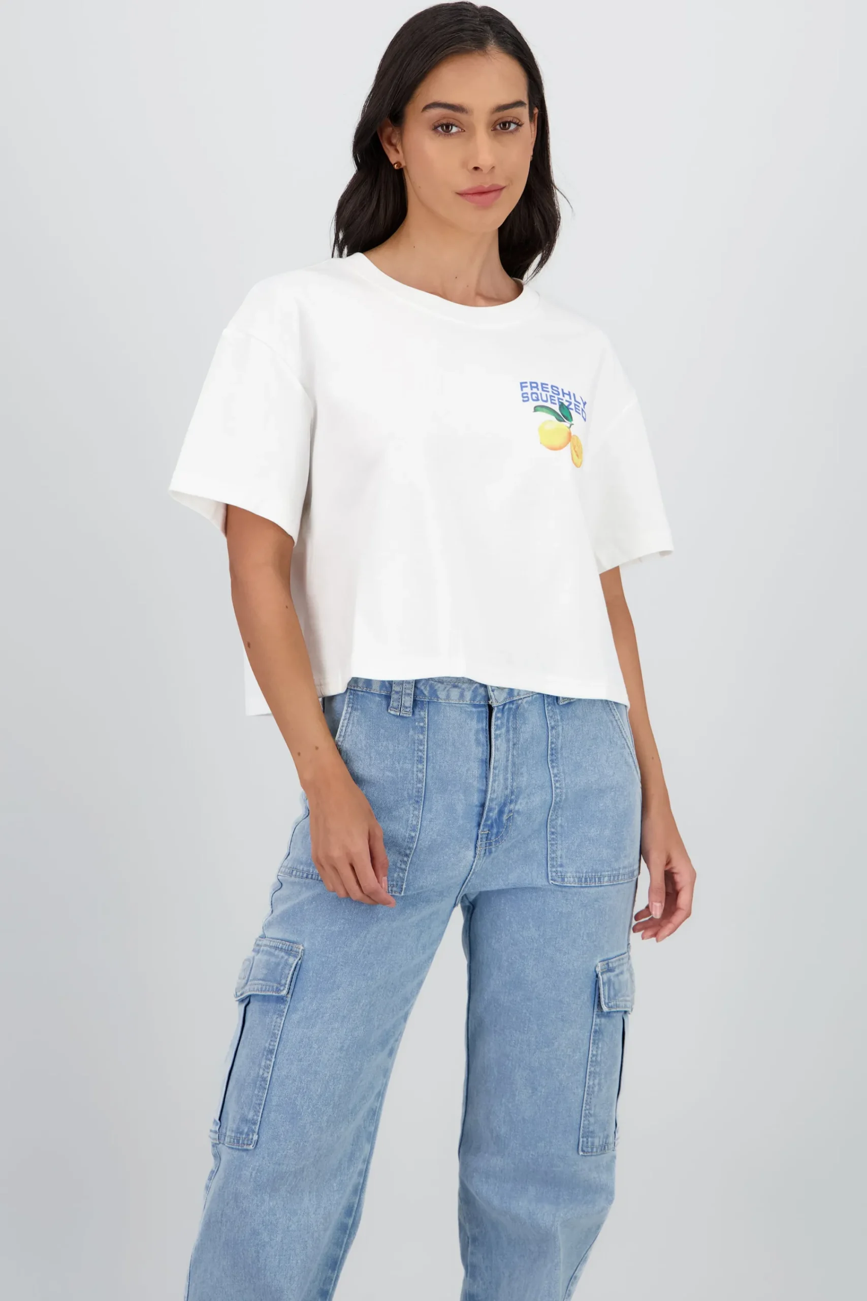 Shasa Short Sleeve Cropped T Shirt with Lemon Print
