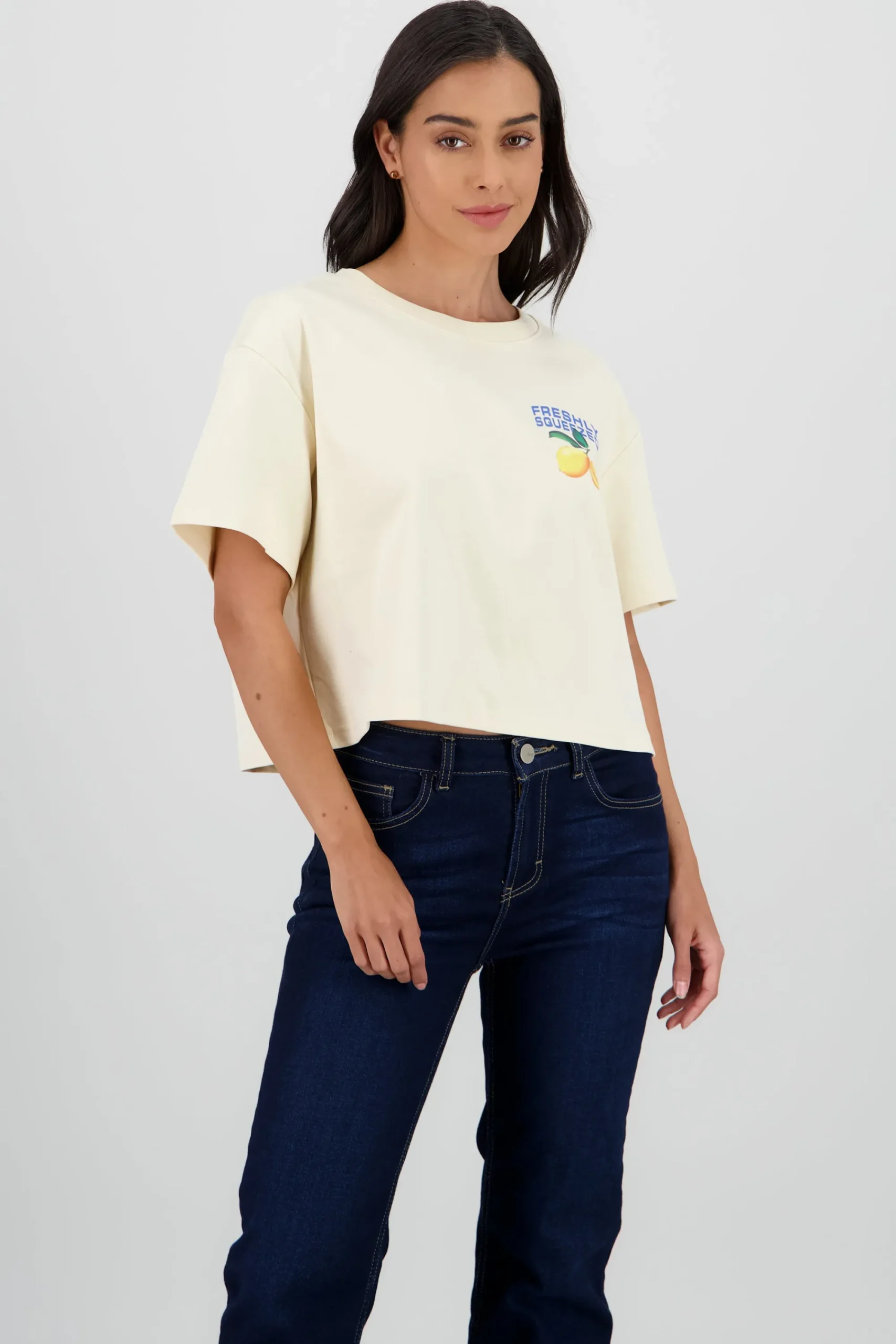 Shasa Short Sleeve Cropped T Shirt with Lemon Print