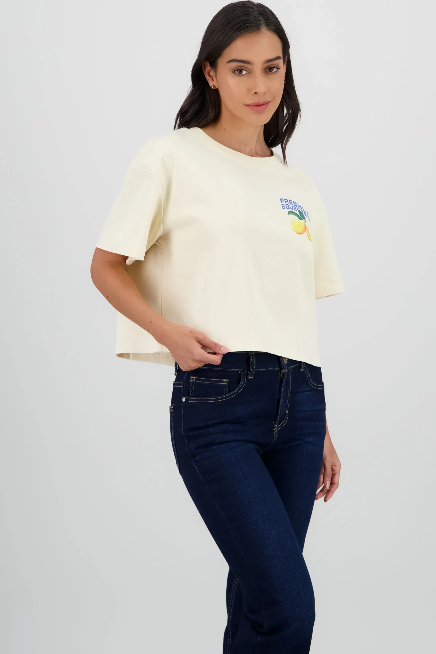 Shasa Short Sleeve Cropped T Shirt with Lemon Print