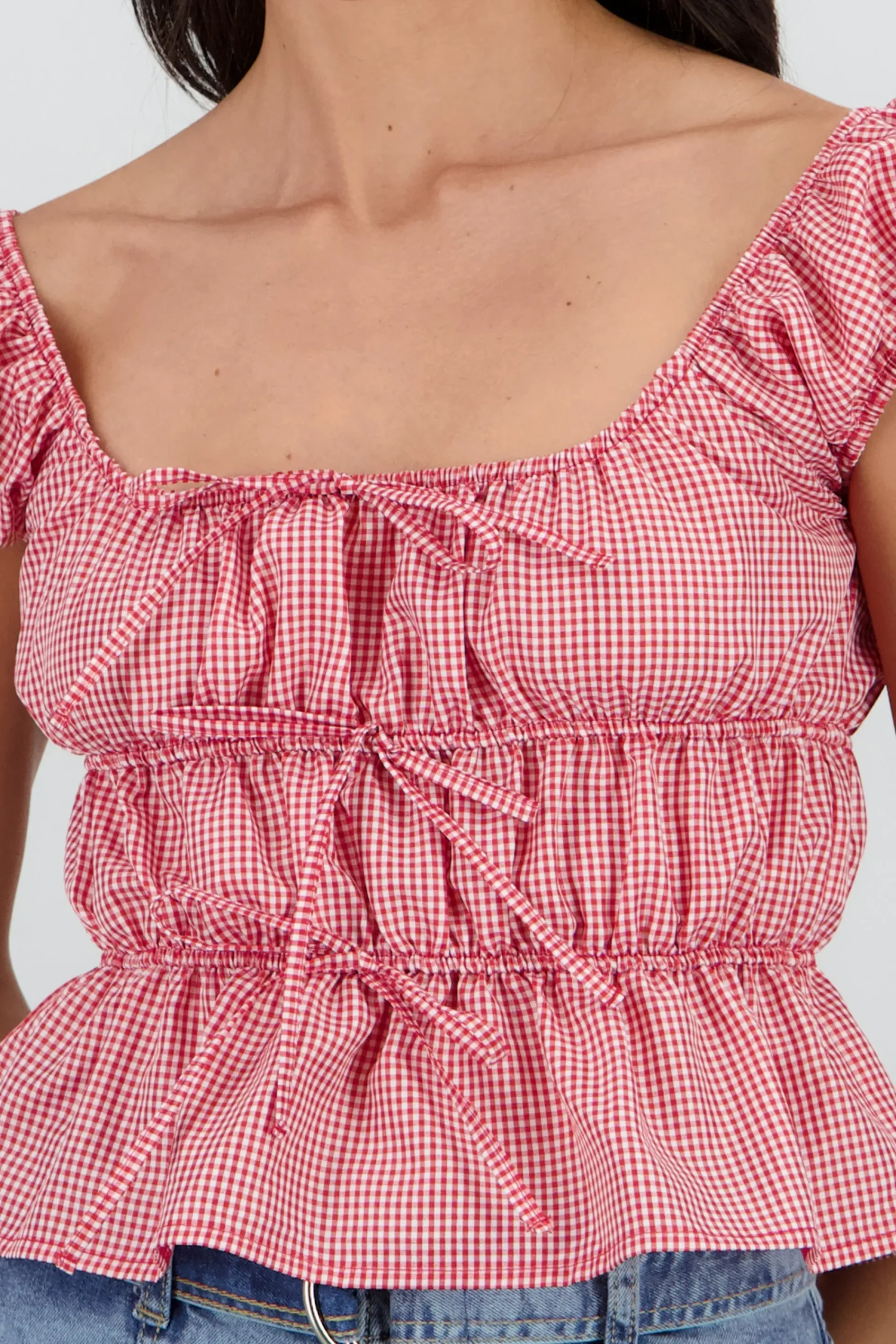 Shasa Short Sleeve Plaid Blouse with Bow Detail
