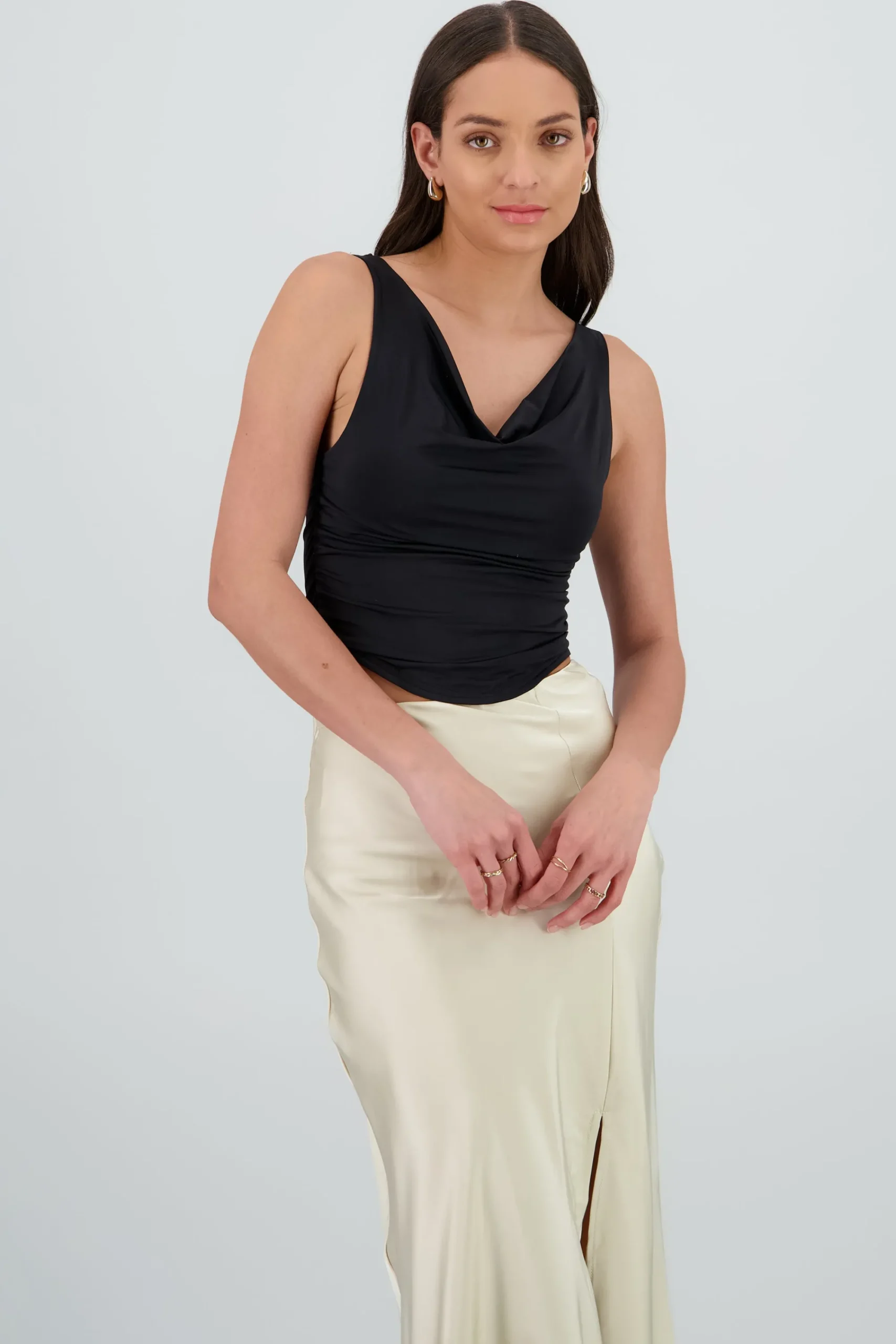 Shasa Sleeveless Top with Draped Neckline