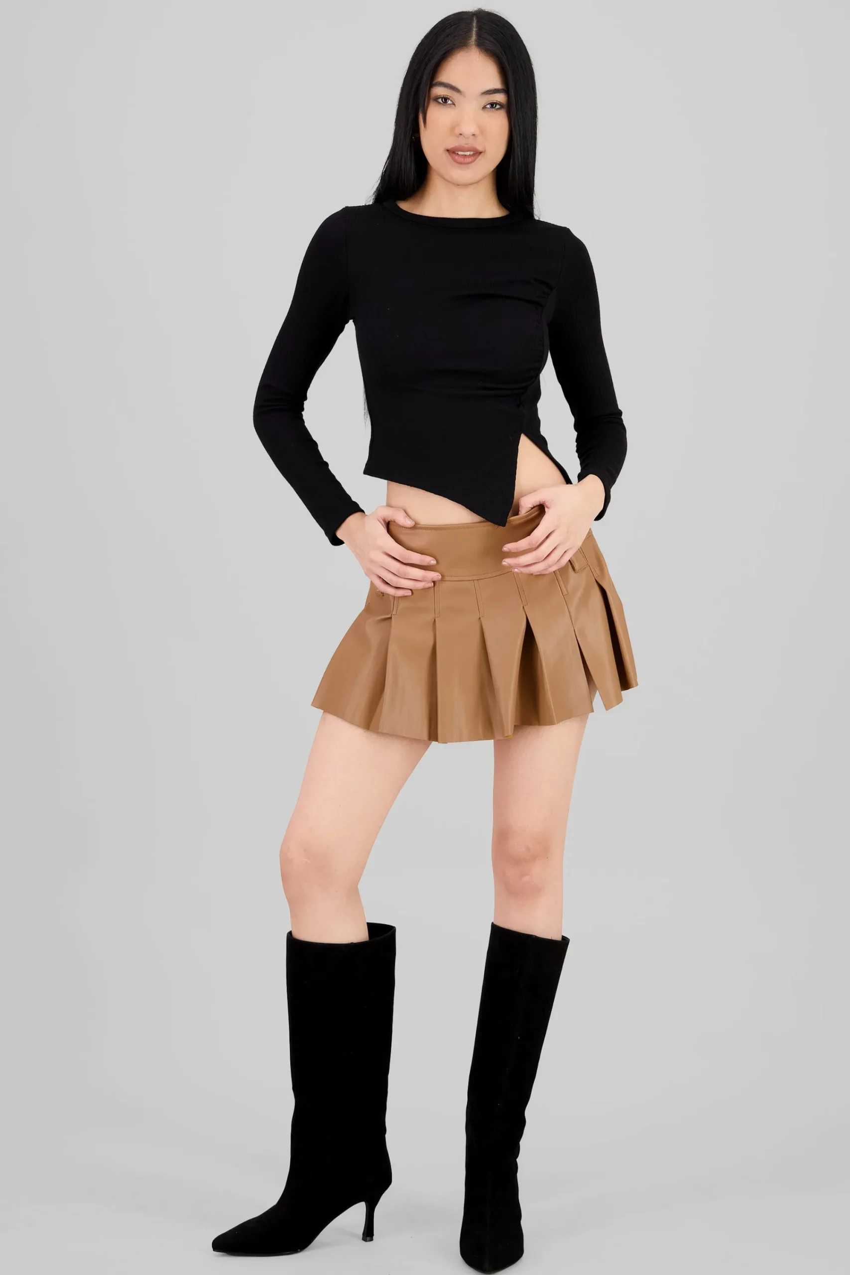Shasa Solid Faux Leather Mini Skirt