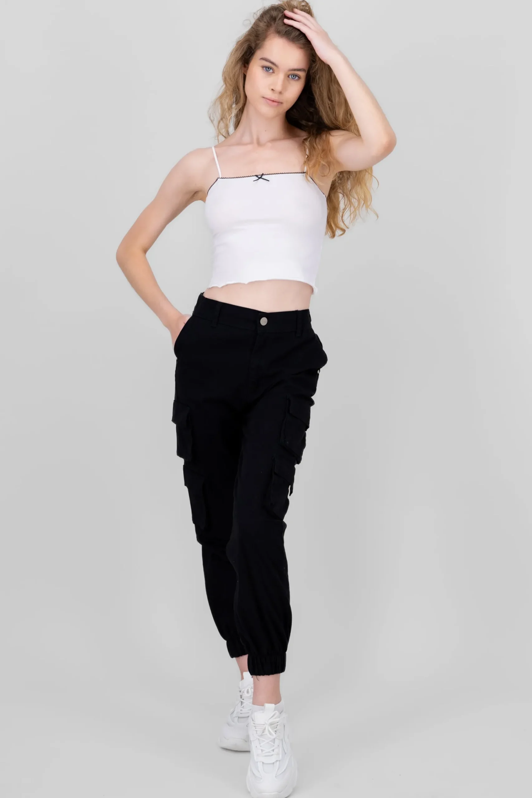 Shasa Solid High Waisted Cargo Jeans