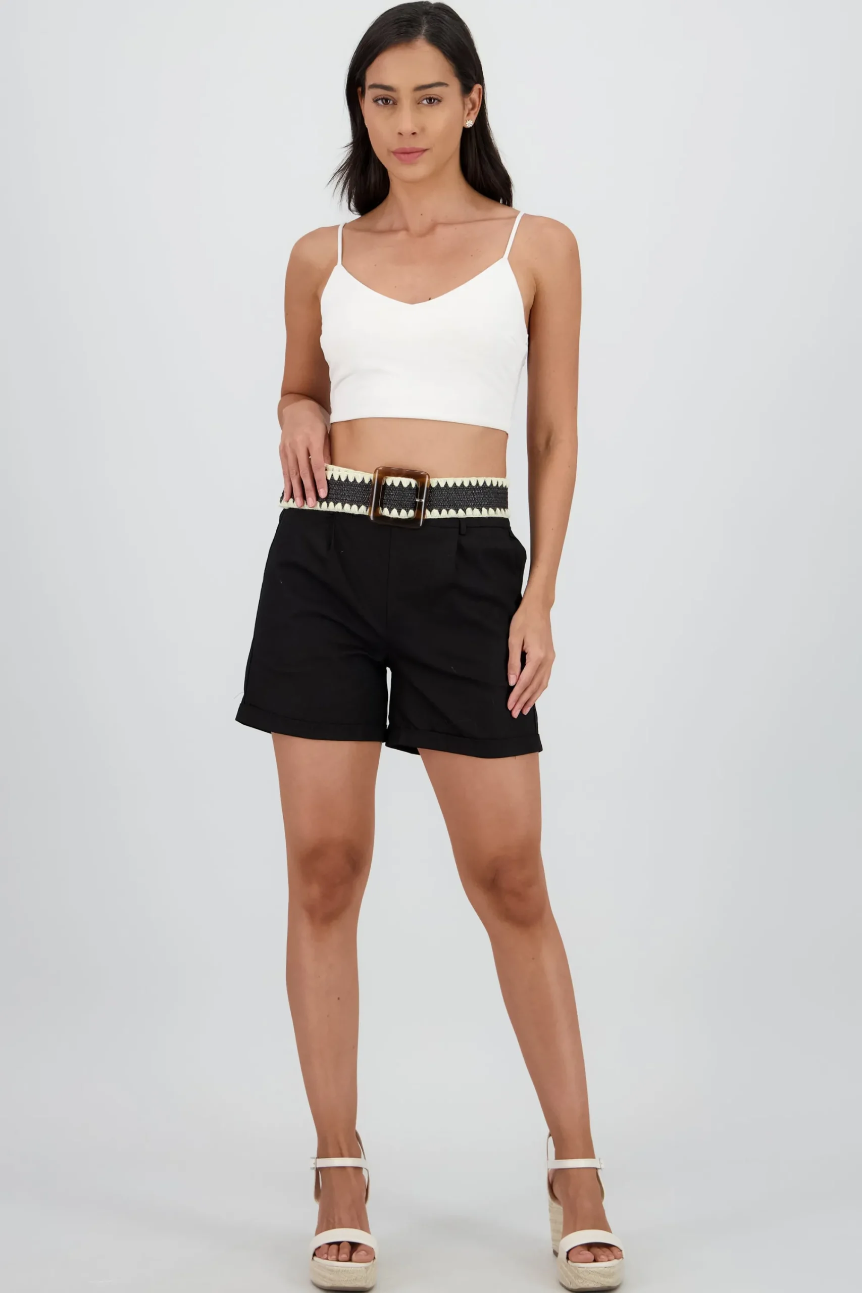 Shasa Solid Mini Shorts with Belt Detail