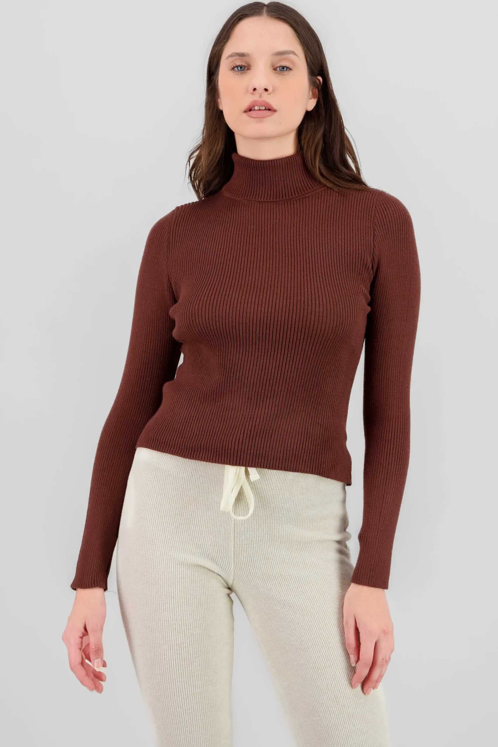 Shasa Solid Ribbed High Neck Sweater