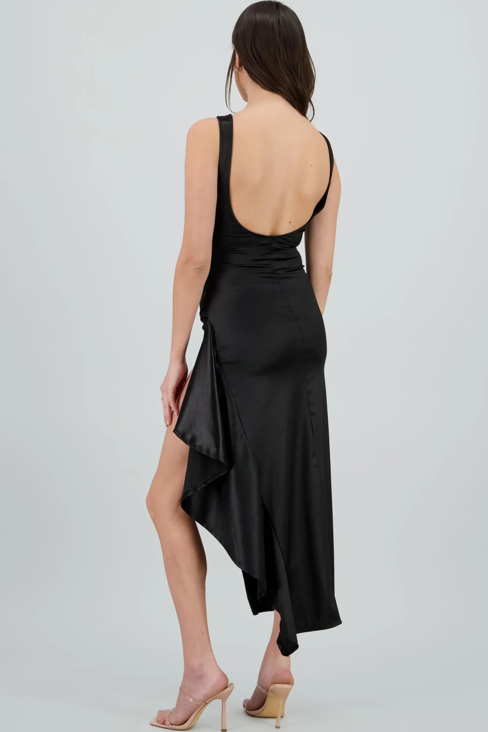Shasa Solid Satin Dress with Pleats and Ruffle