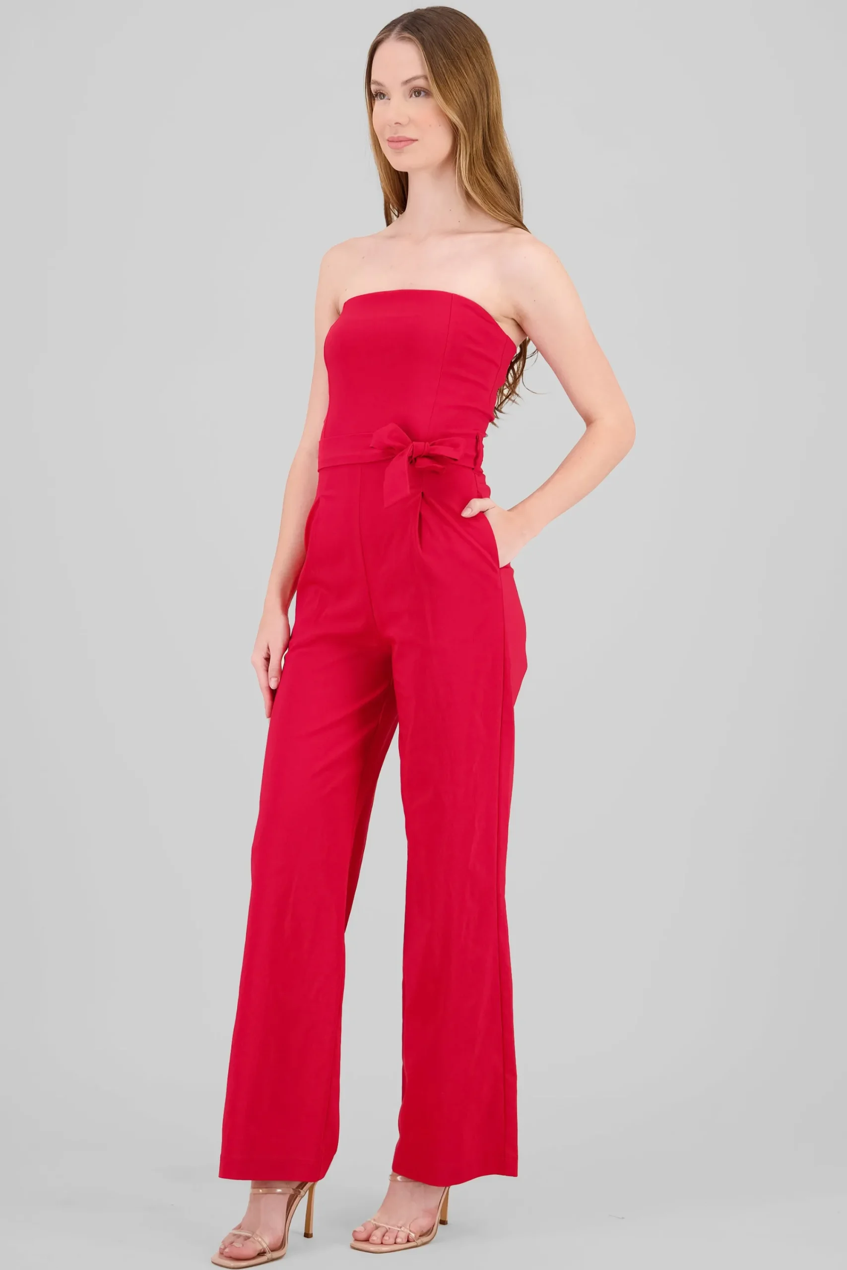 Shasa Solid Strapless Jumpsuit With Belt