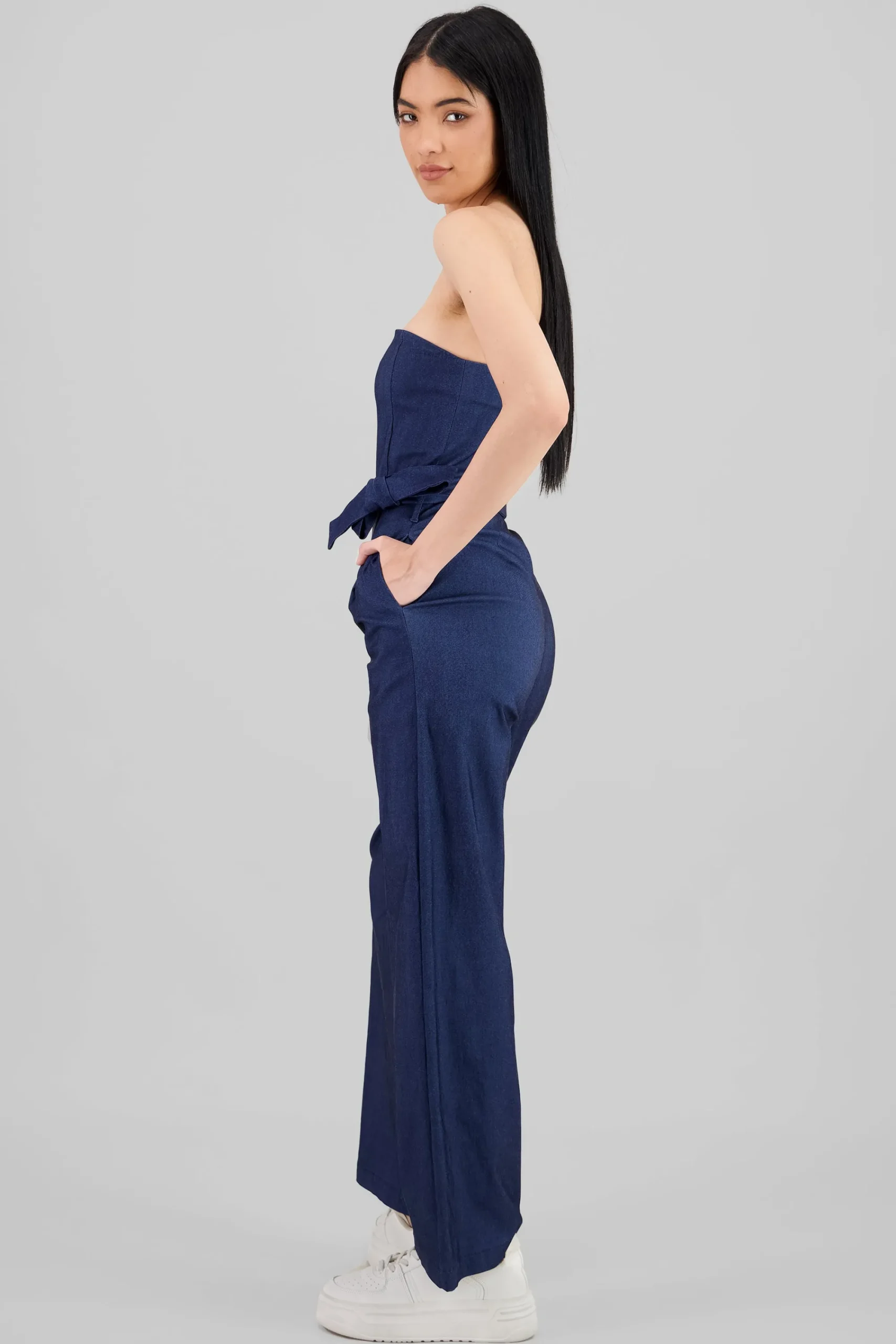 Shasa Solid Strapless Jumpsuit With Belt