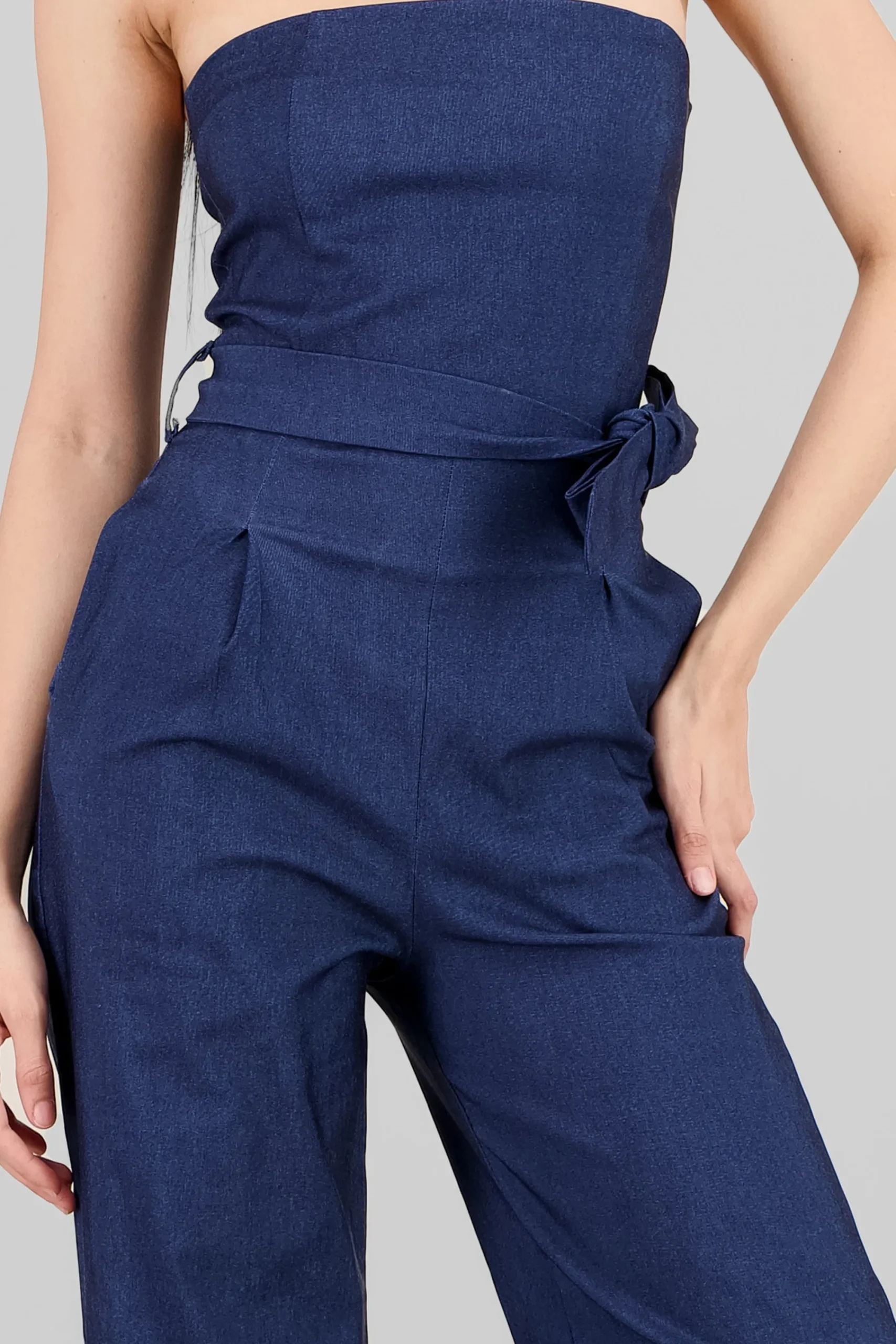 Shasa Solid Strapless Jumpsuit With Belt