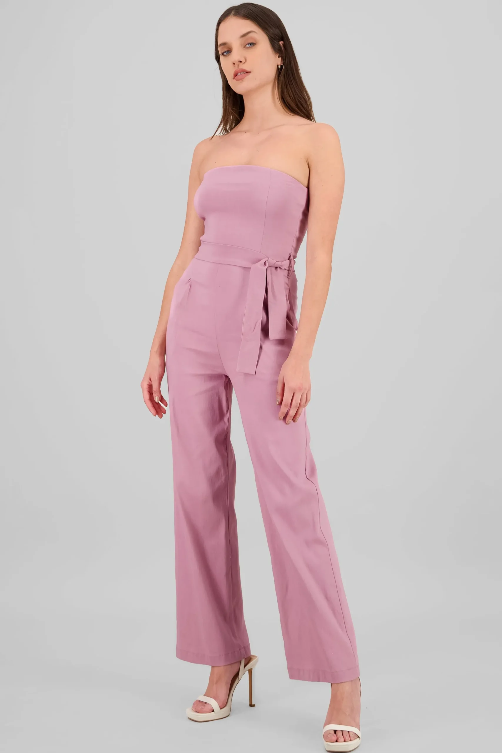 Shasa Solid Strapless Jumpsuit With Belt