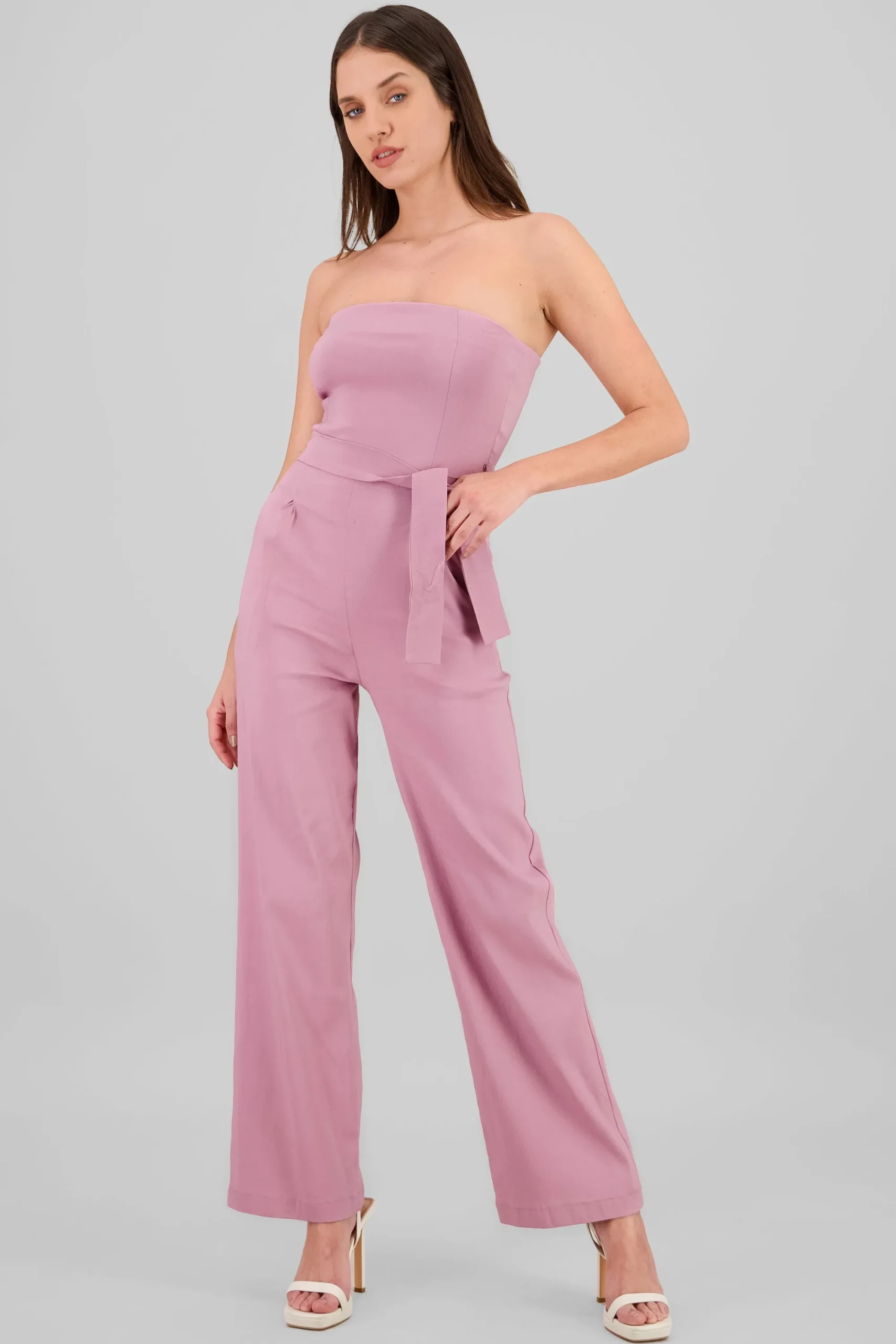 Shasa Solid Strapless Jumpsuit With Belt