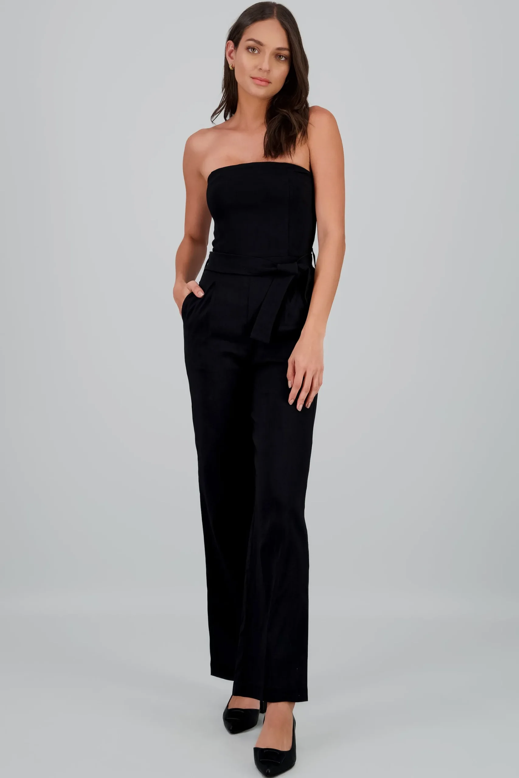 Shasa Solid Strapless Jumpsuit With Belt
