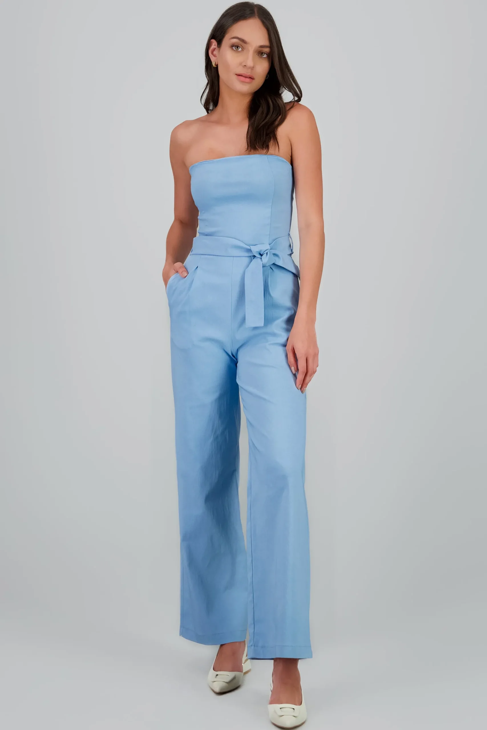 Shasa Solid Strapless Jumpsuit With Belt