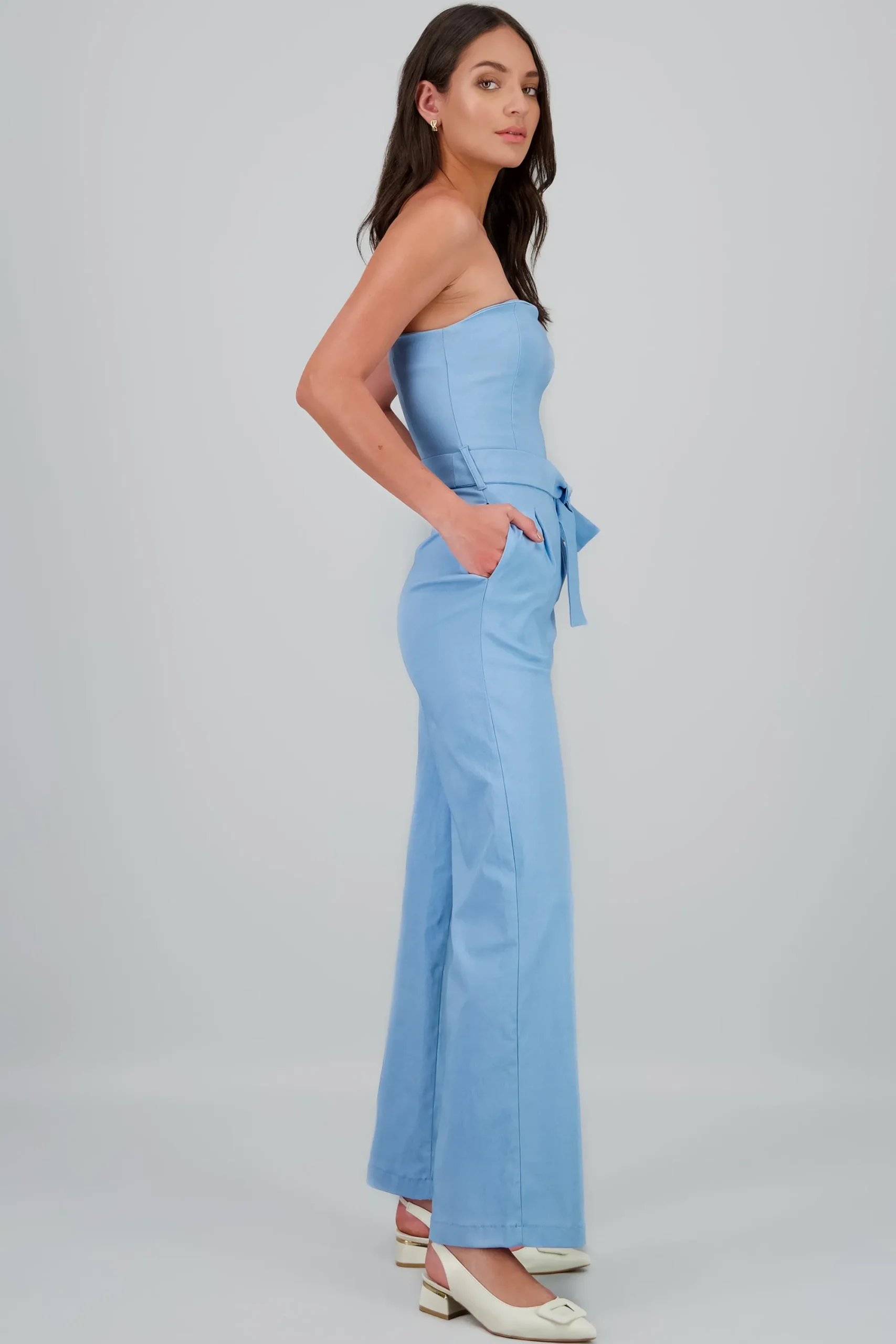 Shasa Solid Strapless Jumpsuit With Belt