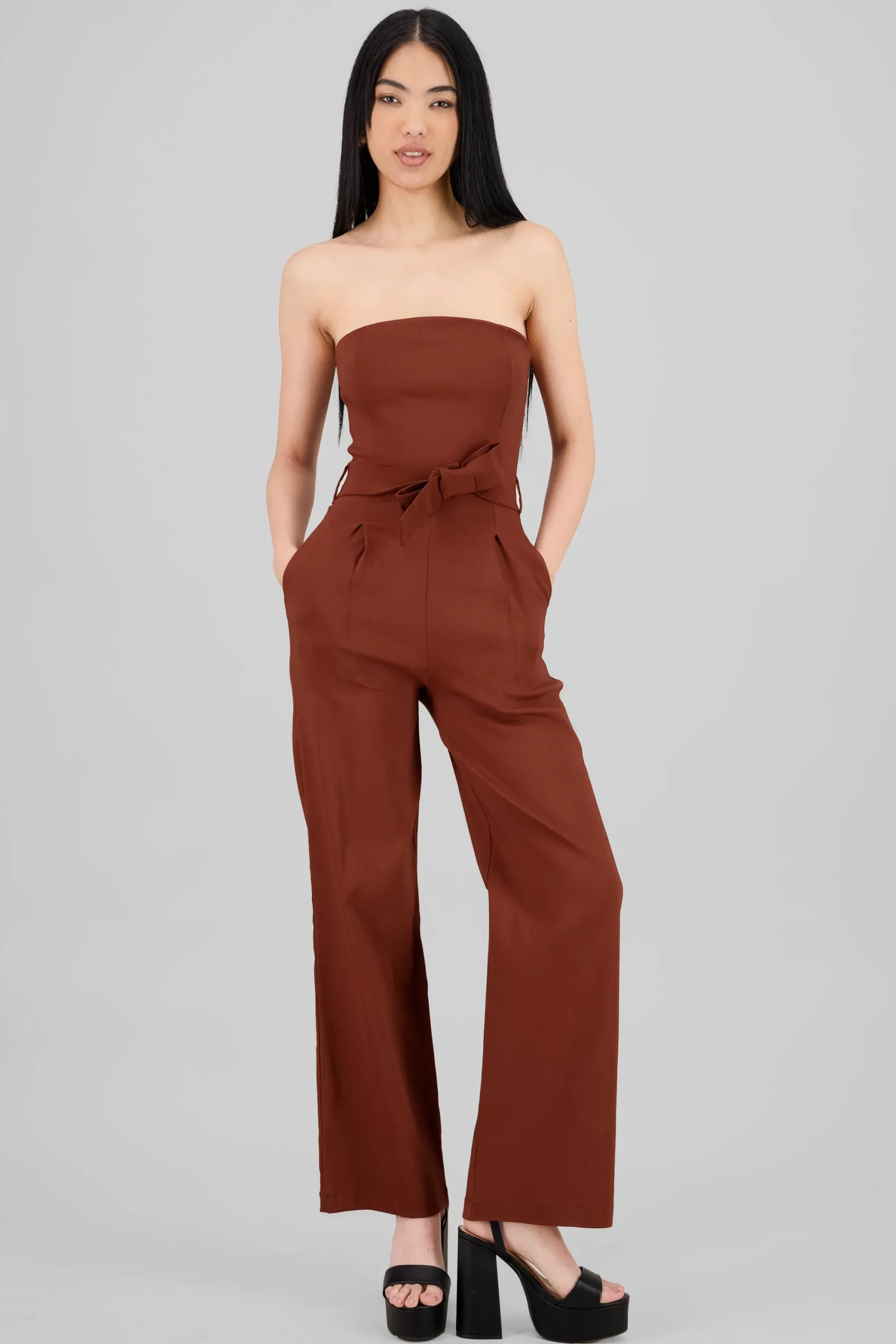 Shasa Solid Strapless Jumpsuit With Belt