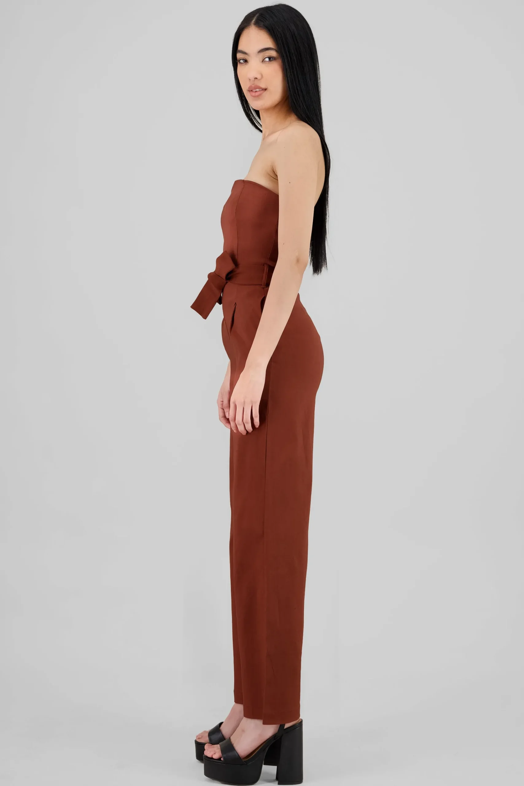 Shasa Solid Strapless Jumpsuit With Belt