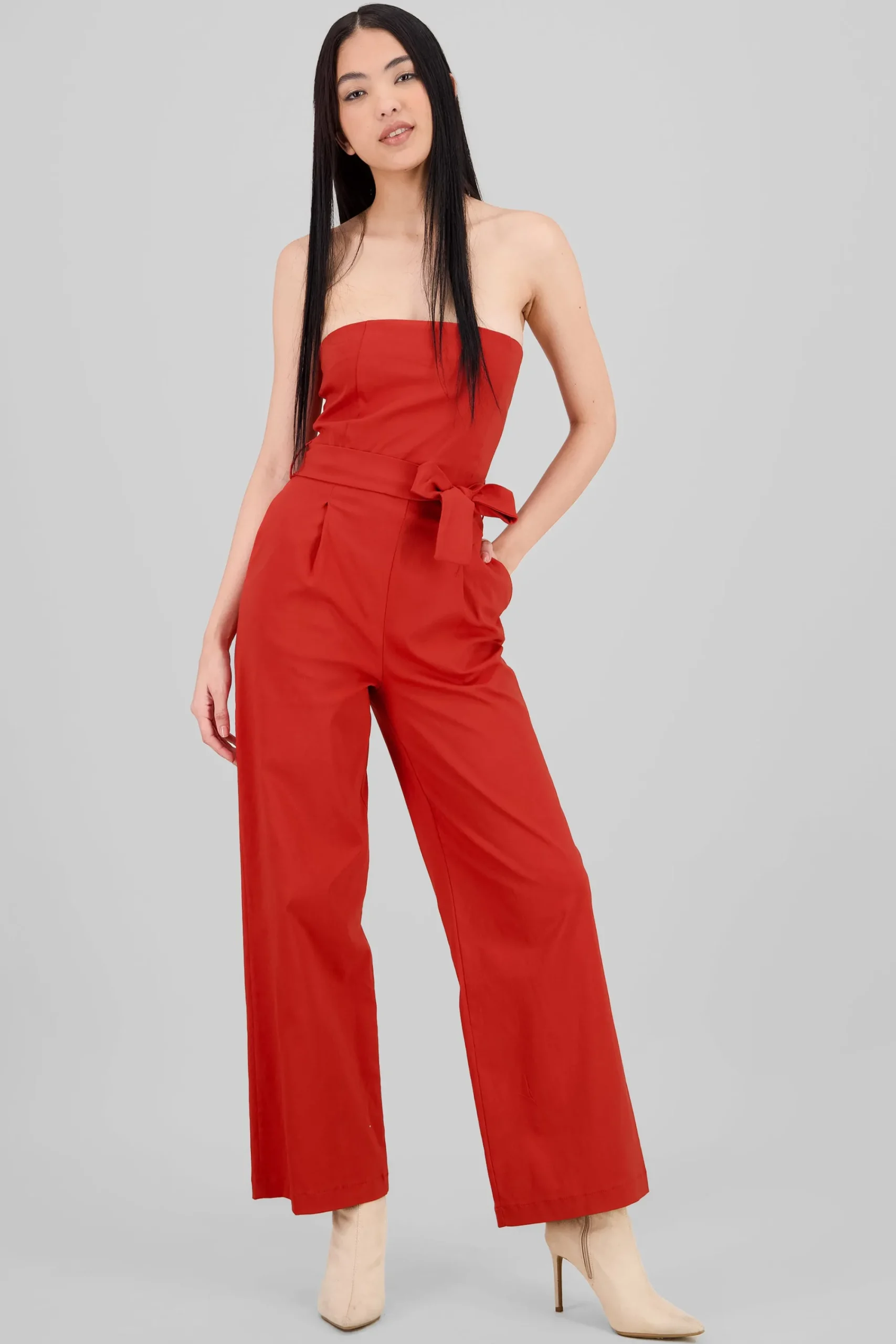 Shasa Solid Strapless Jumpsuit With Belt