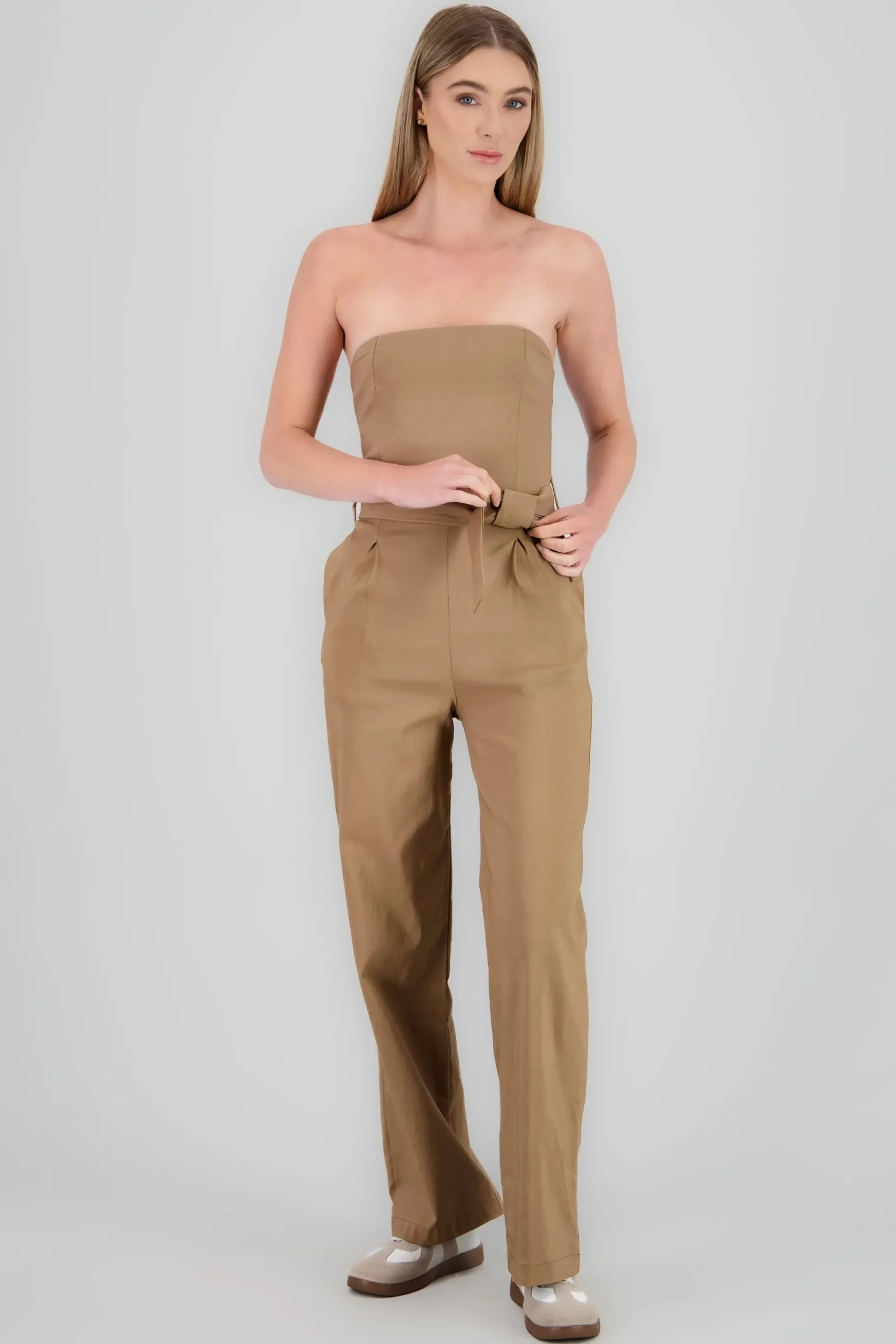 Shasa Solid Strapless Jumpsuit With Belt