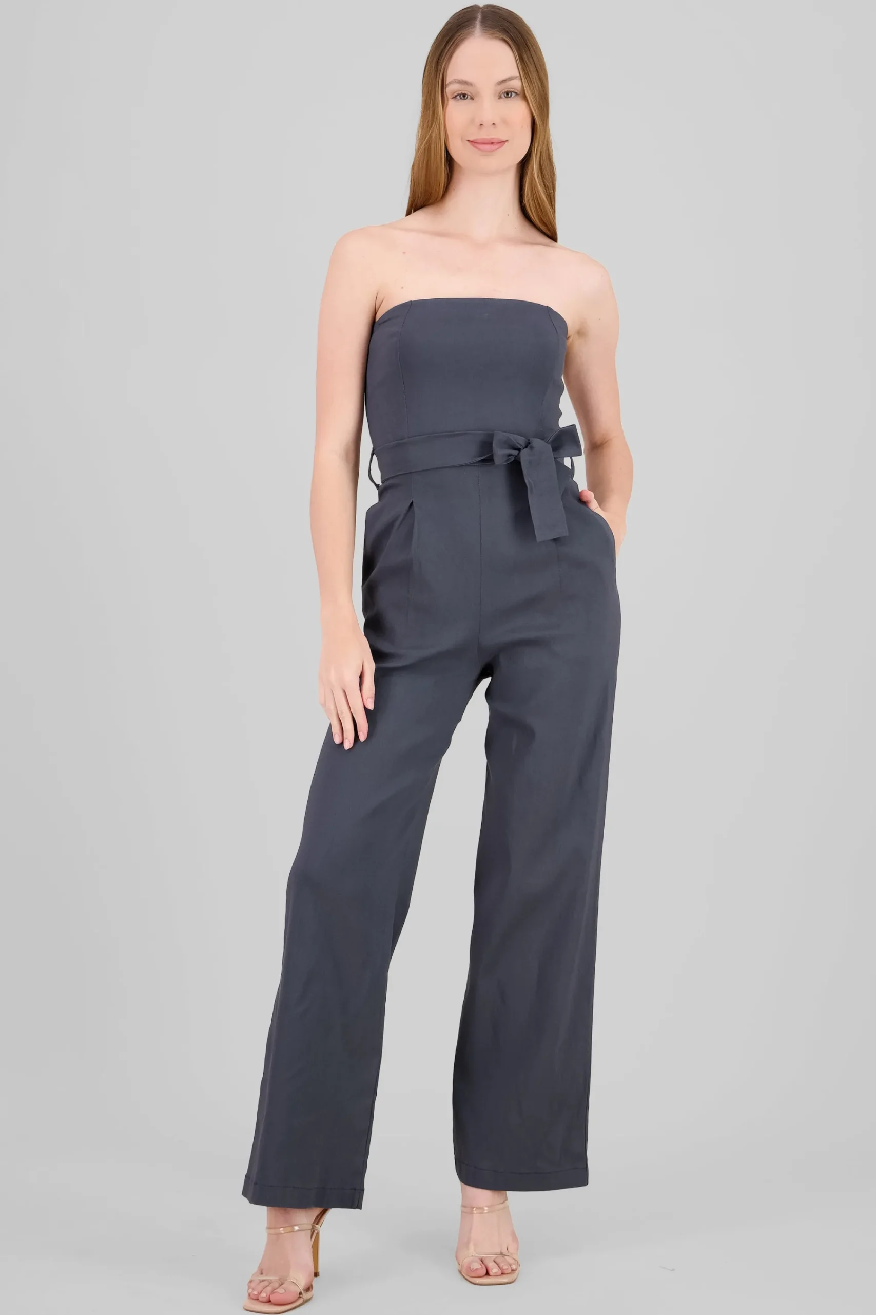 Shasa Solid Strapless Jumpsuit With Belt