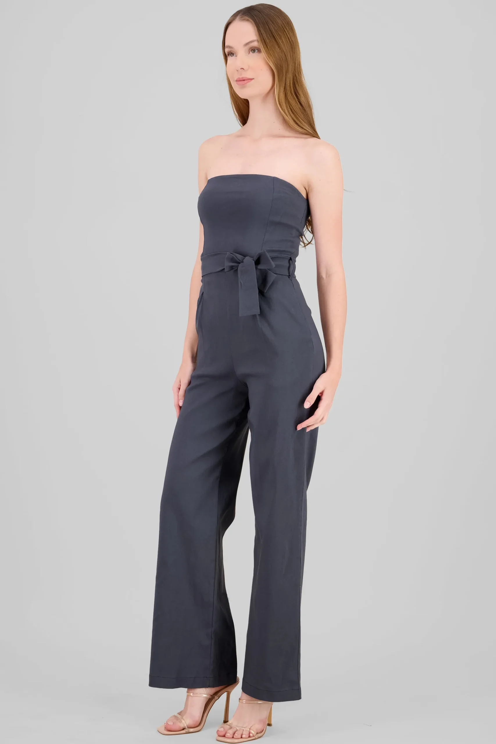 Shasa Solid Strapless Jumpsuit With Belt