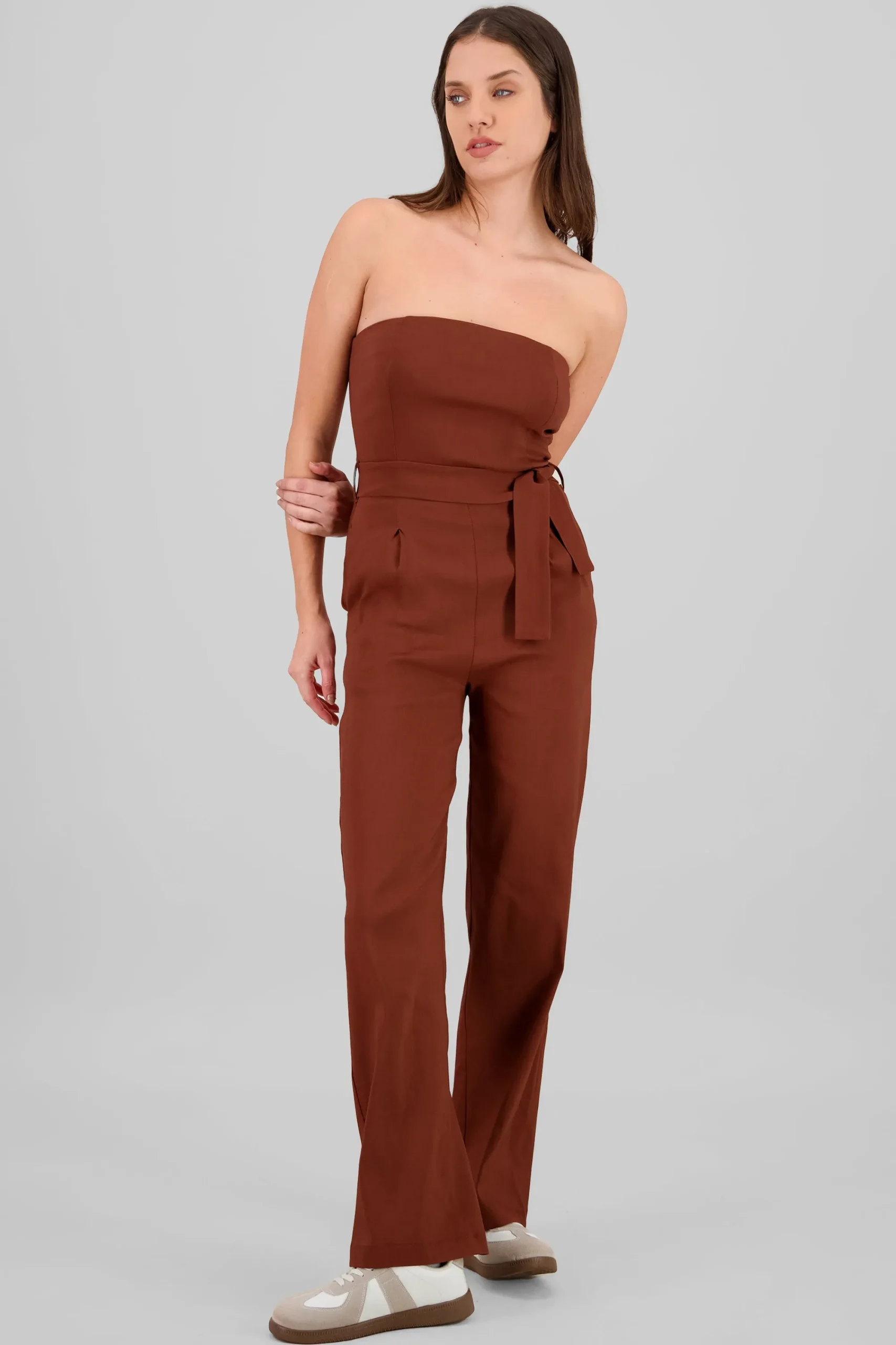 Shasa Solid Strapless Jumpsuit With Belt