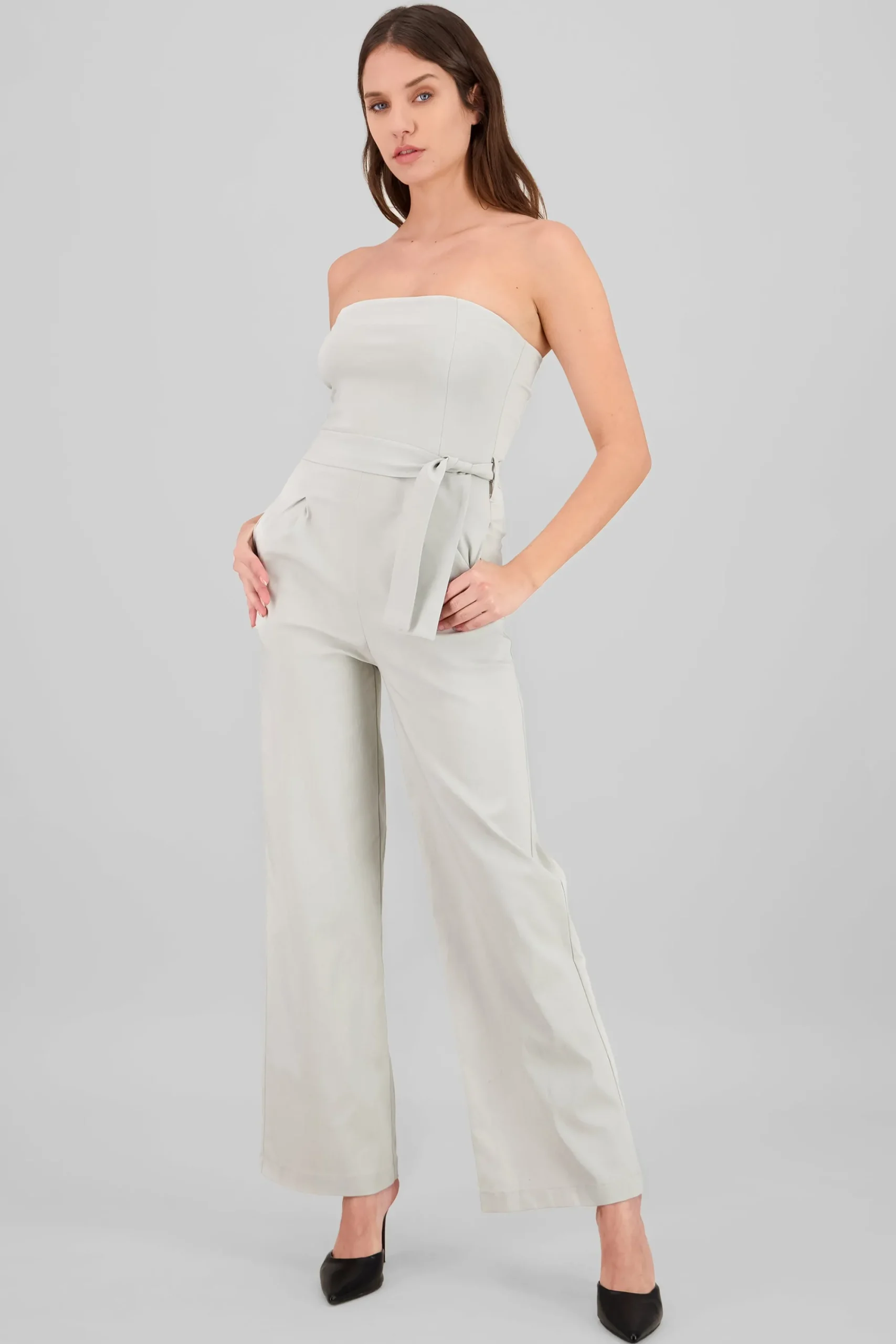 Shasa Solid Strapless Jumpsuit With Belt