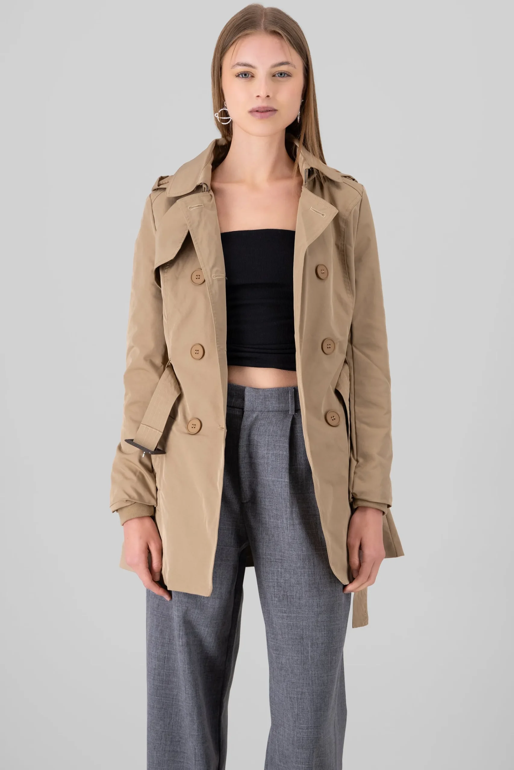 Shasa Solid Trench Coat With Button