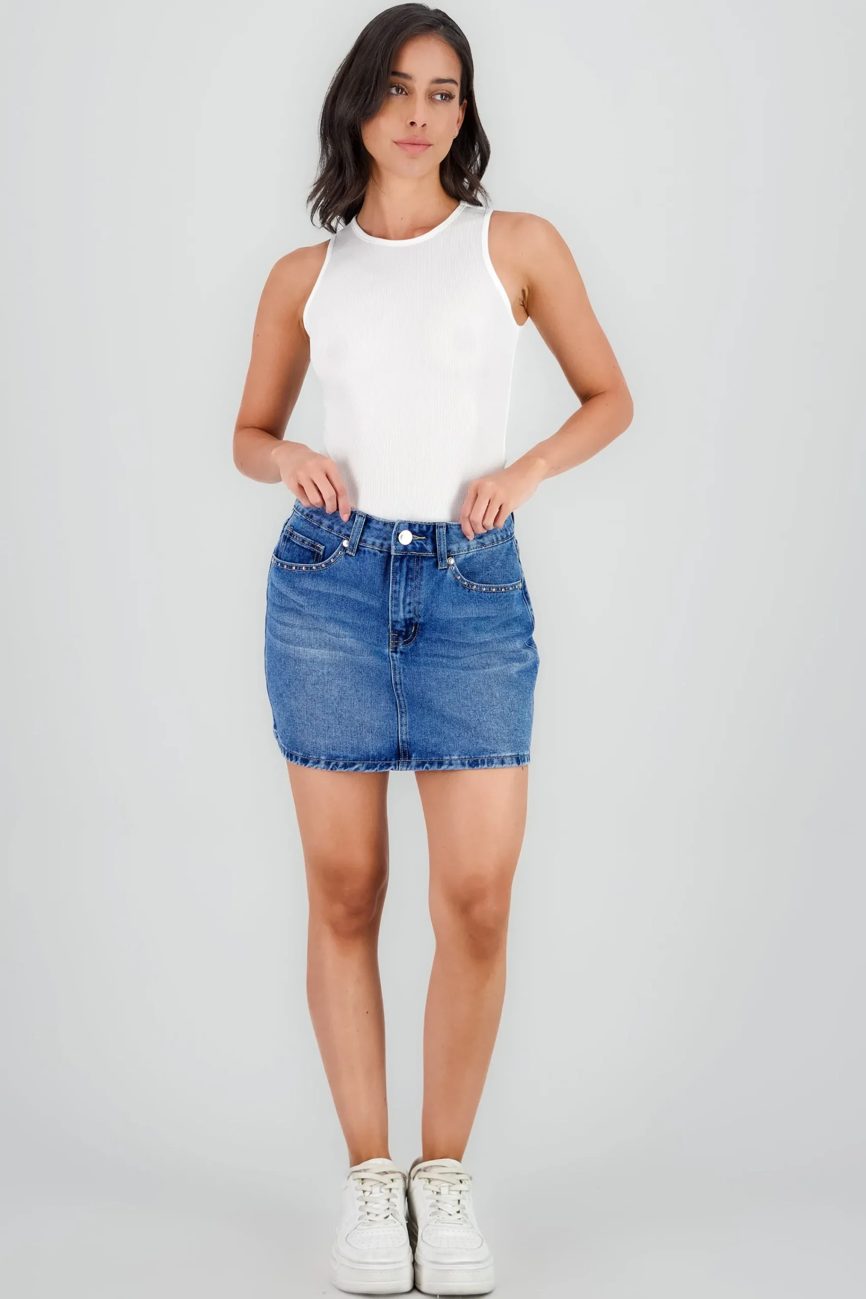 Shasa Star Studded Denim Mini Skirt