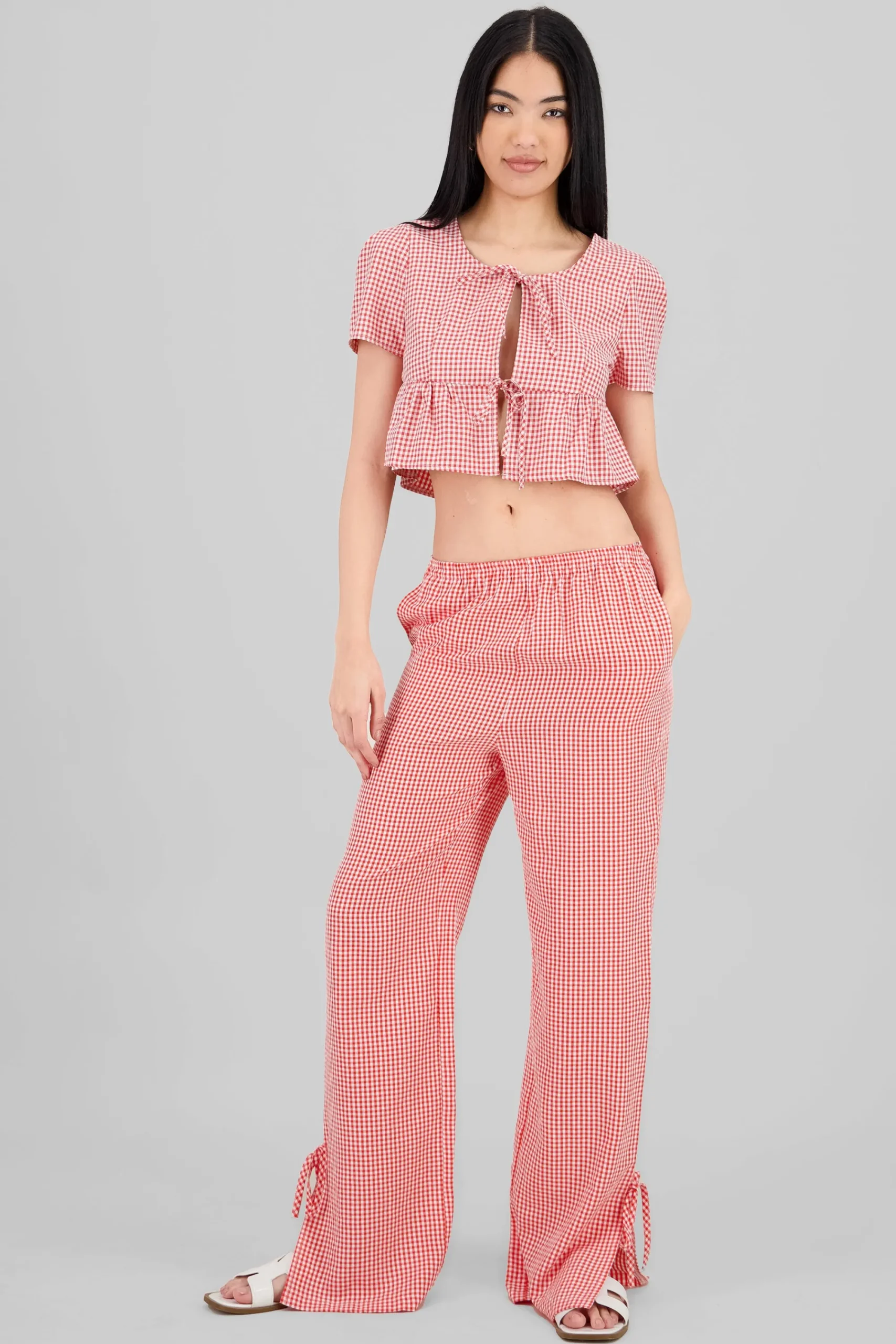 Shasa Straight Checkered Pants with Bow Detail
