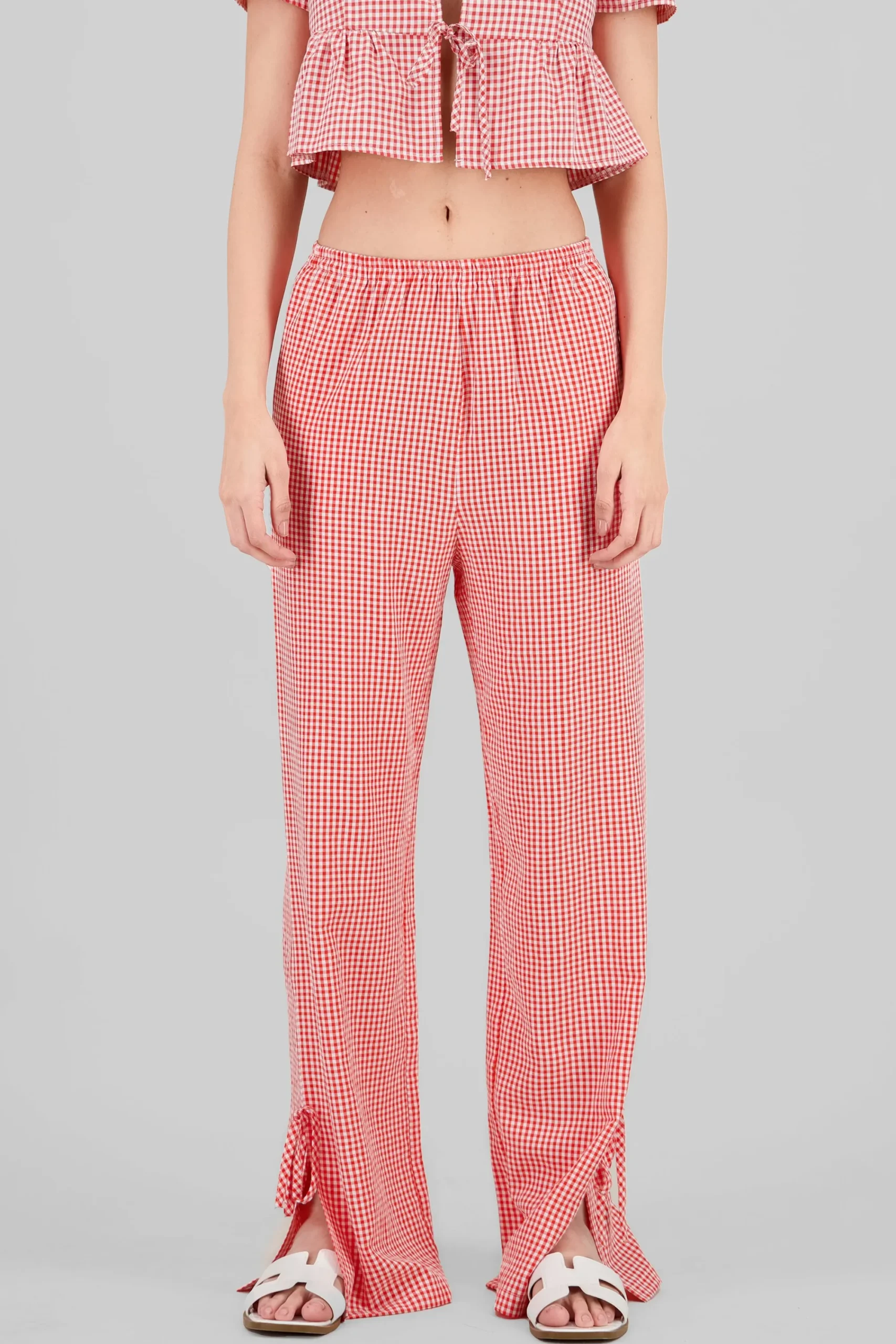 Shasa Straight Checkered Pants with Bow Detail