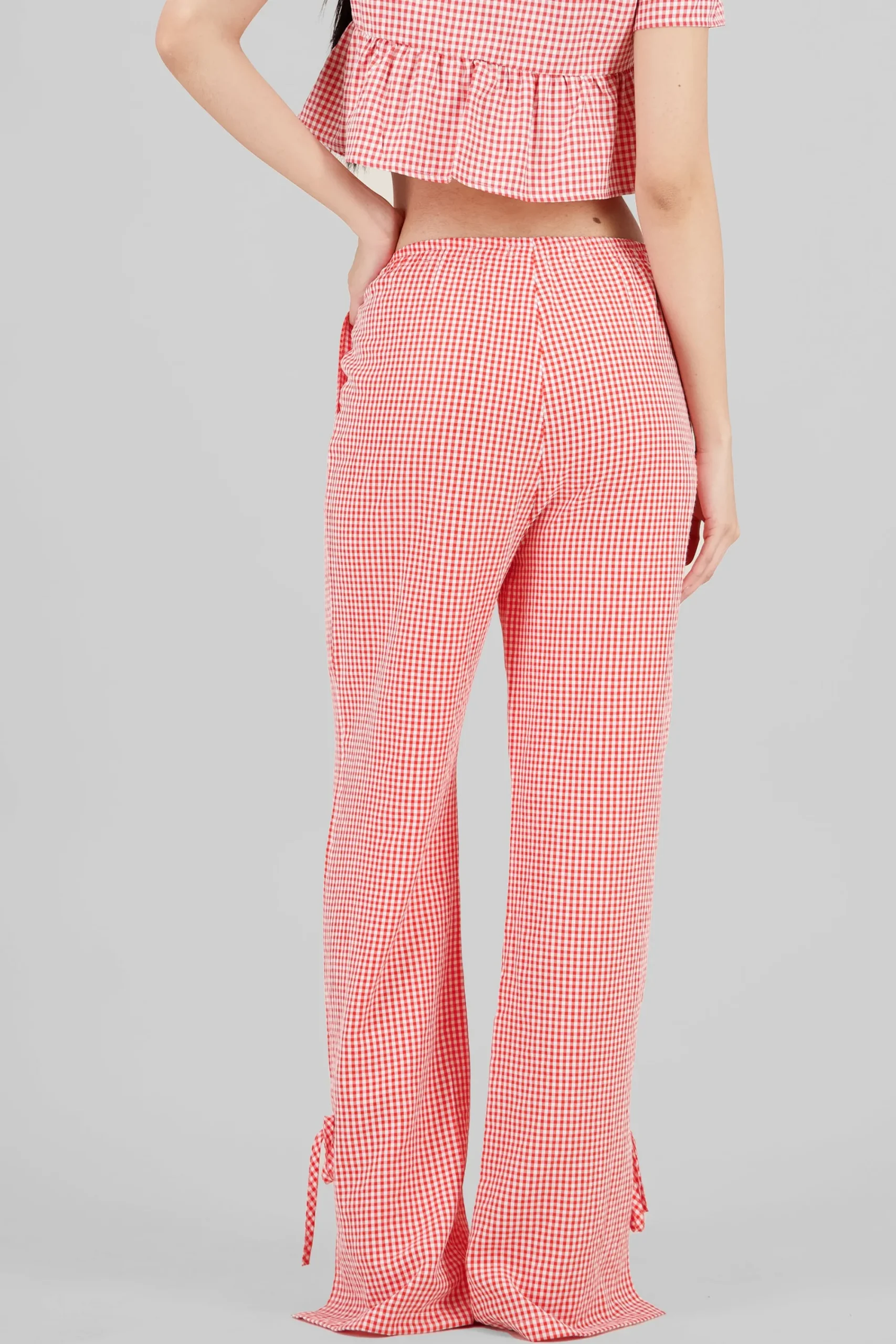 Shasa Straight Checkered Pants with Bow Detail