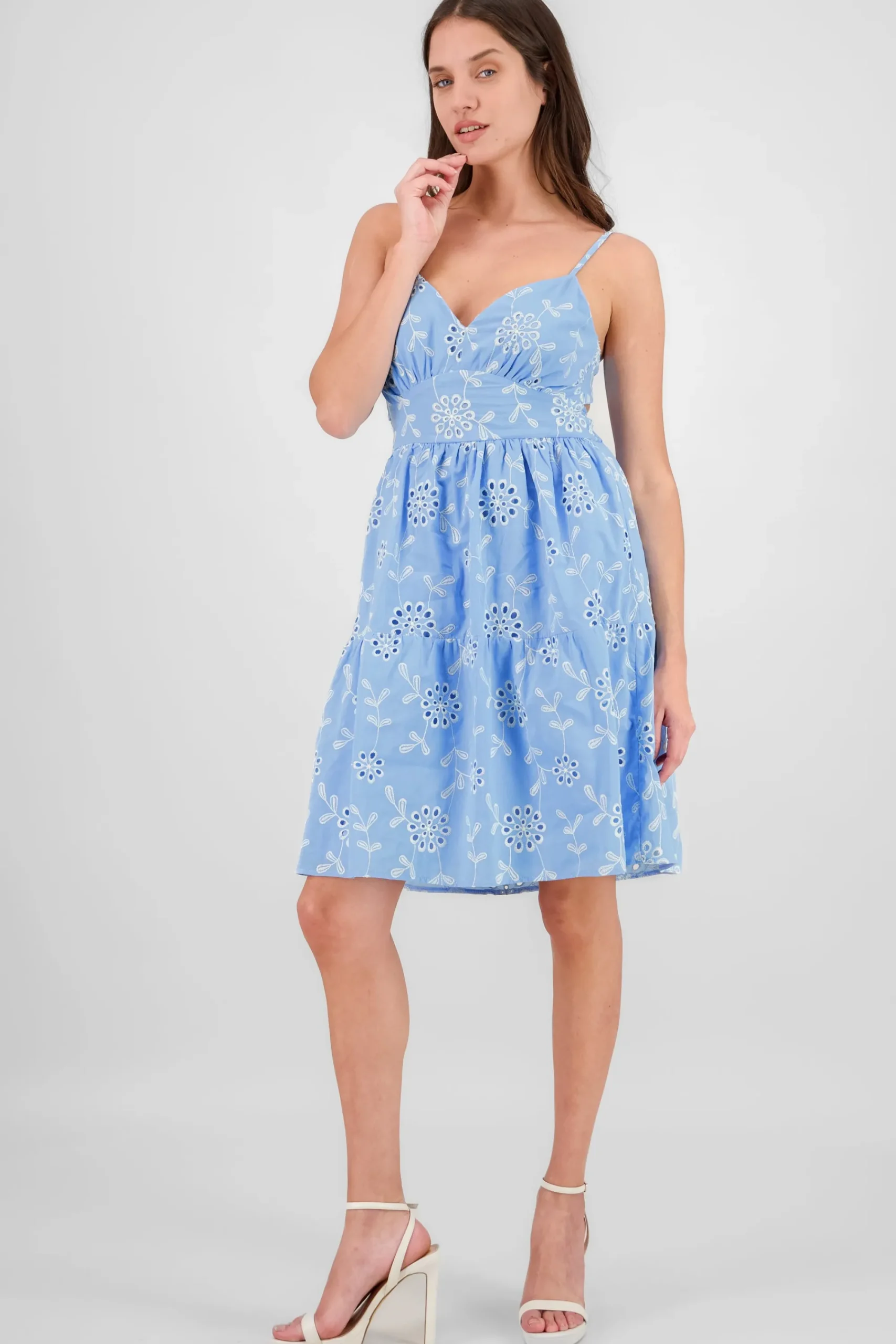 Shasa Strappy Mini Dress with Embroidered Flowers