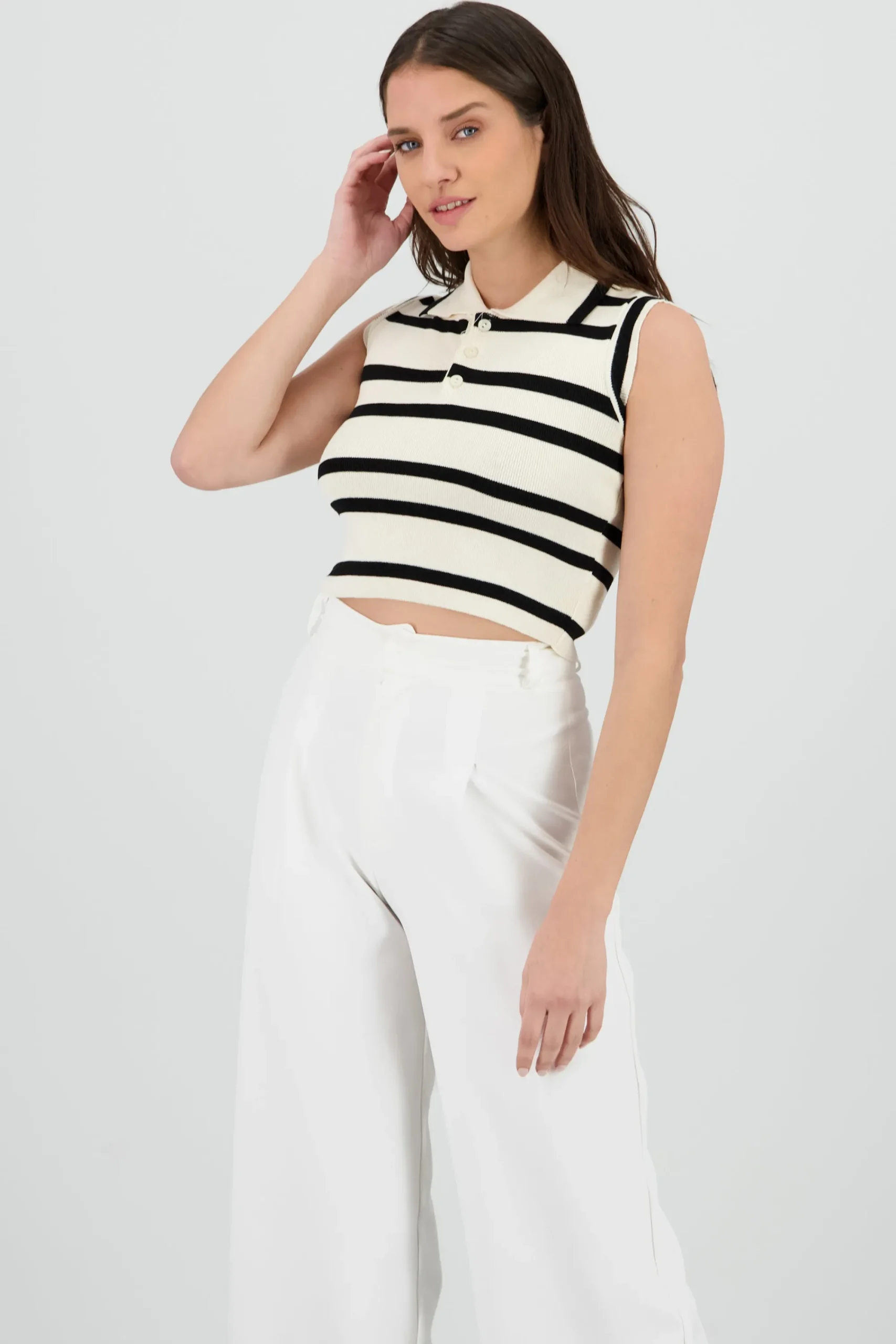 Shasa Striped Lightweight Polo Knit Top