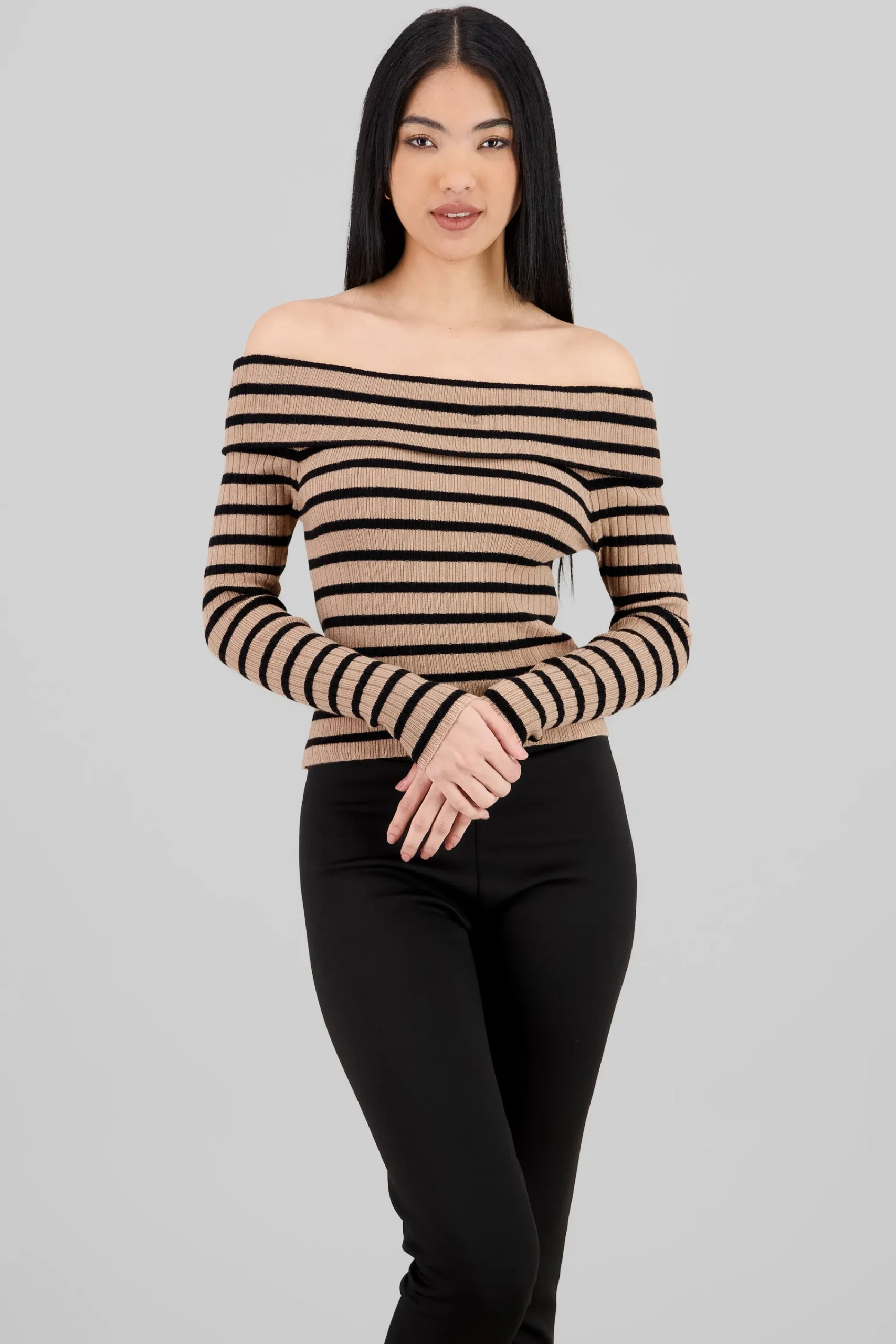 Shasa Striped Off Shoulder Long Sleeve Top
