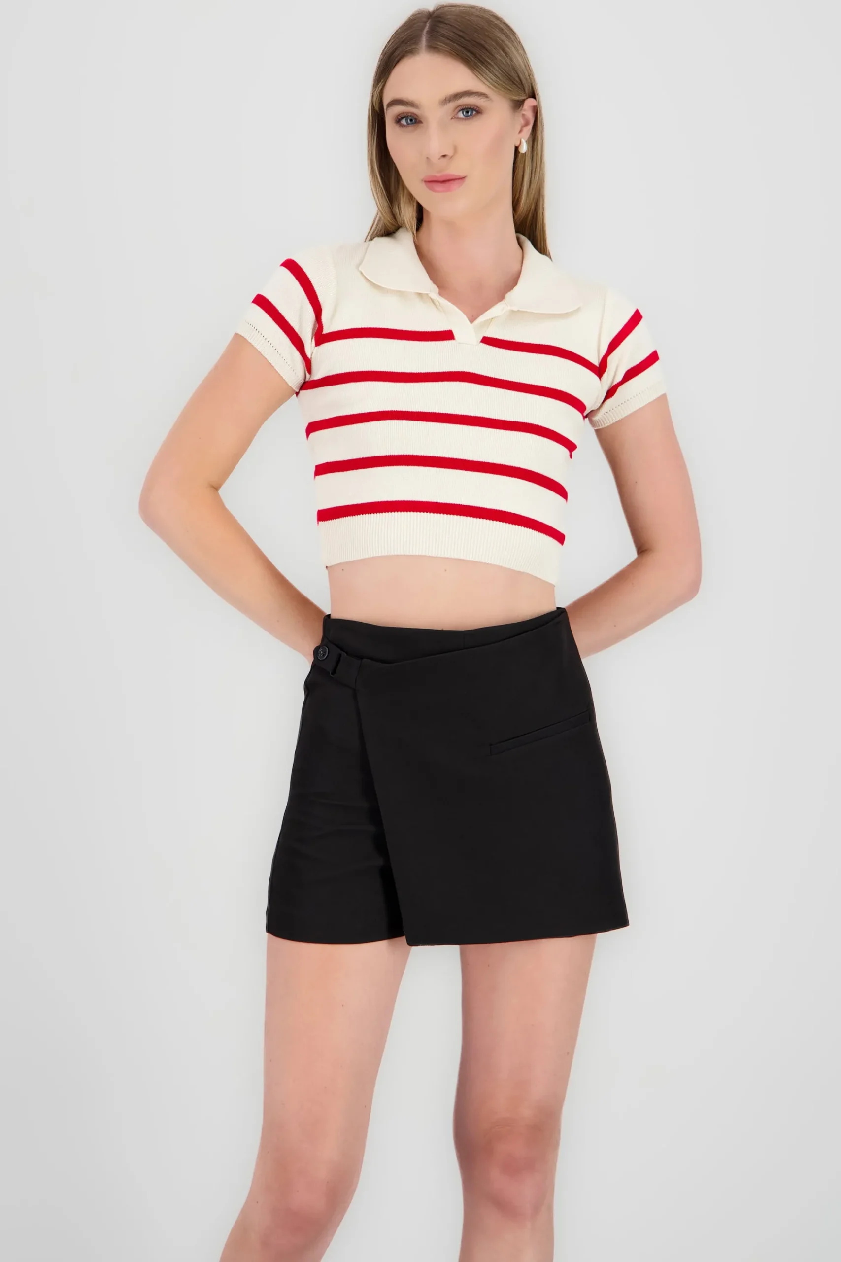 Shasa Striped Print Short Sleeve Polo Neck