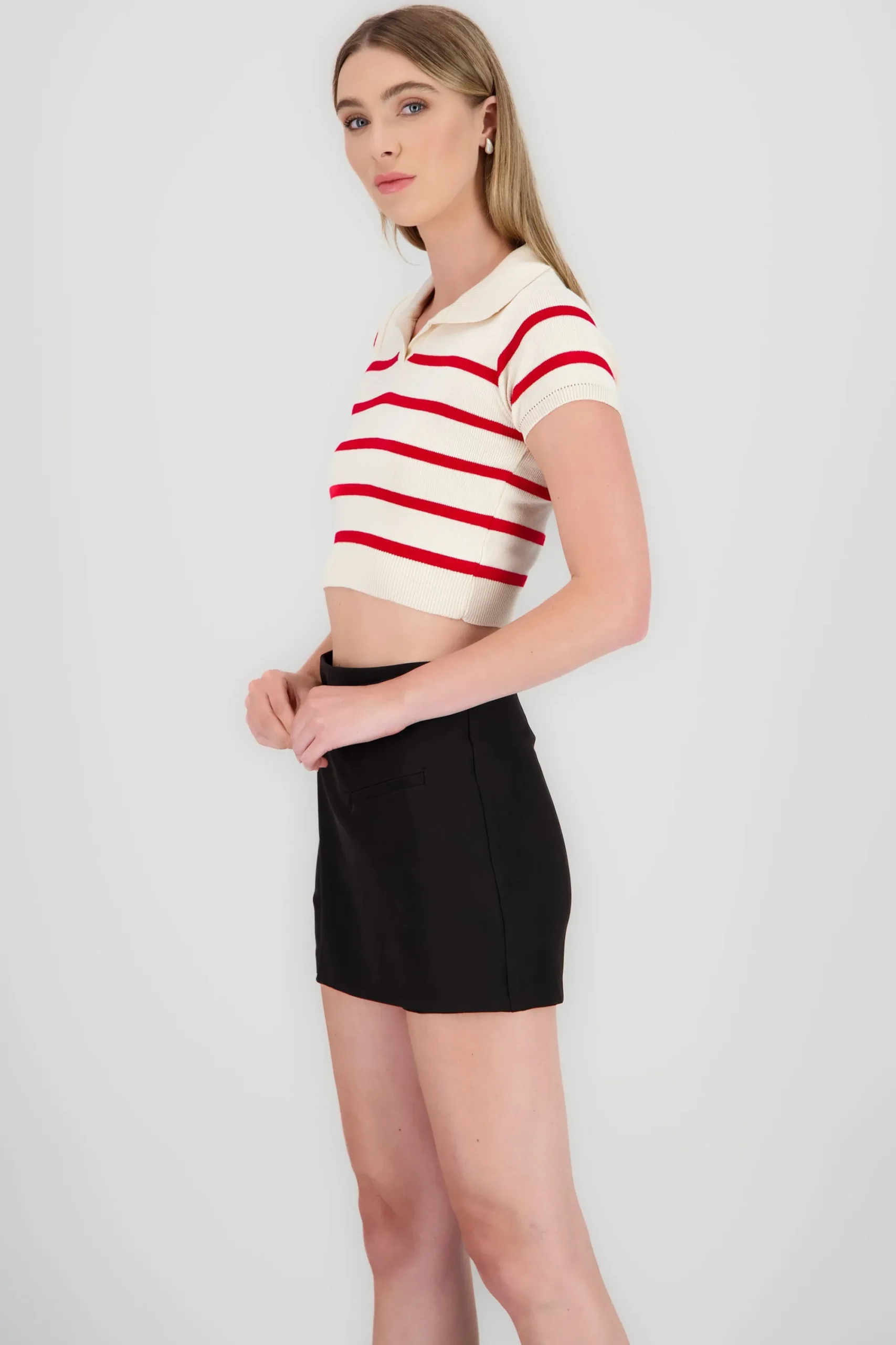 Shasa Striped Print Short Sleeve Polo Neck