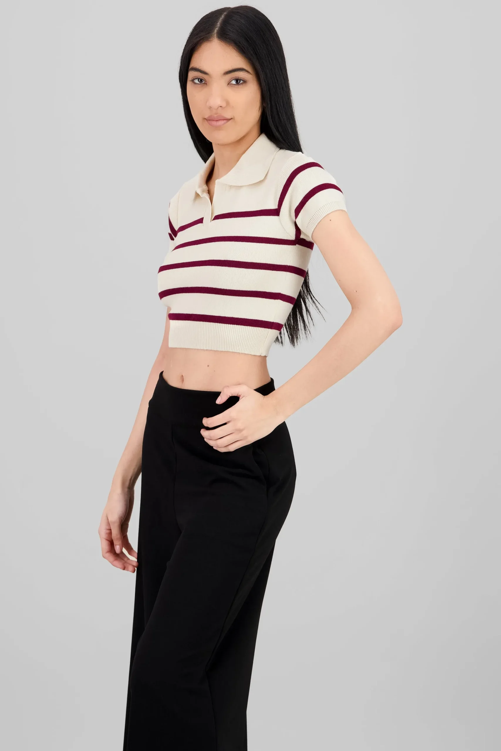 Shasa Striped Print Short Sleeve Polo Neck