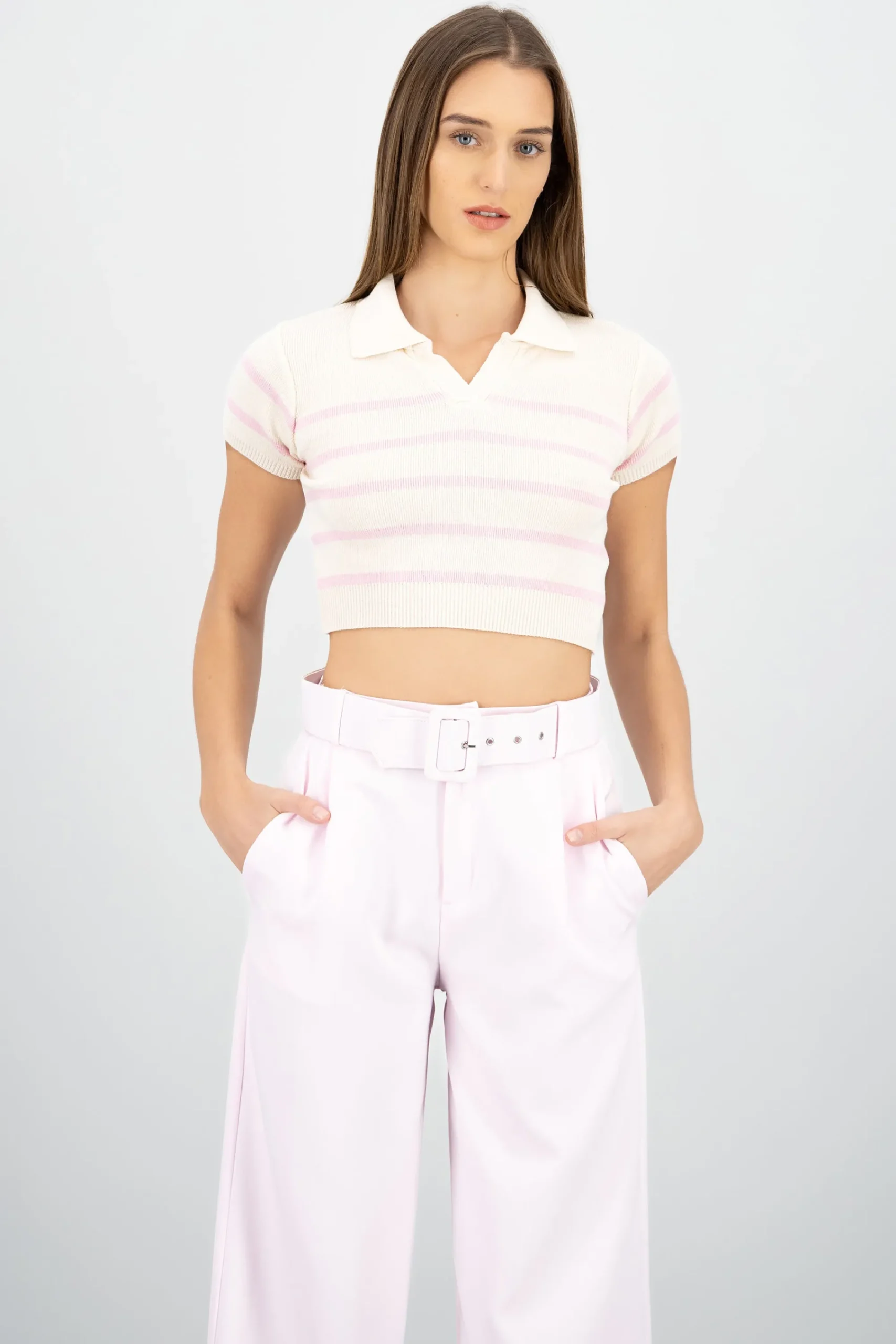 Shasa Striped Print Short Sleeve Polo Neck