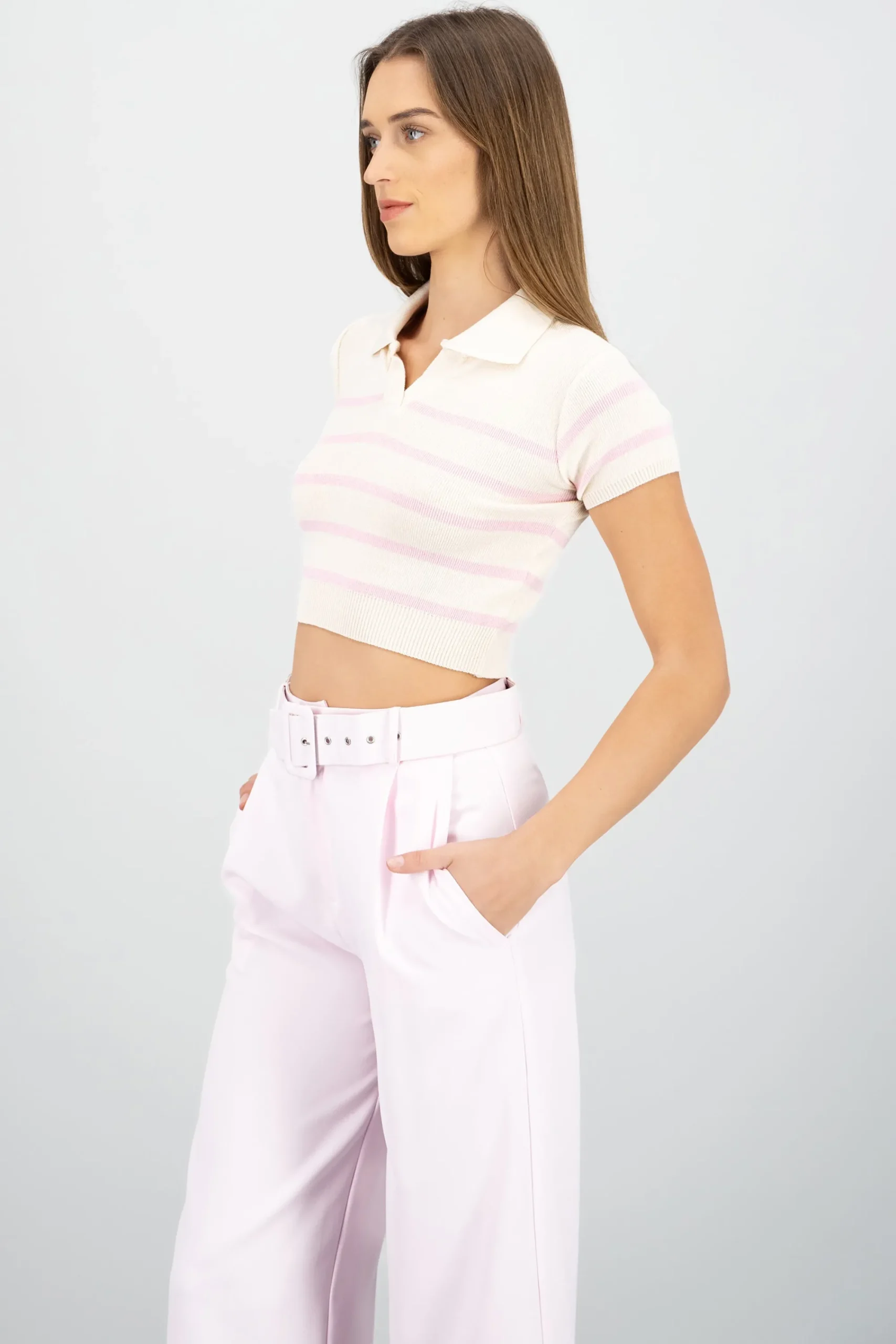 Shasa Striped Print Short Sleeve Polo Neck