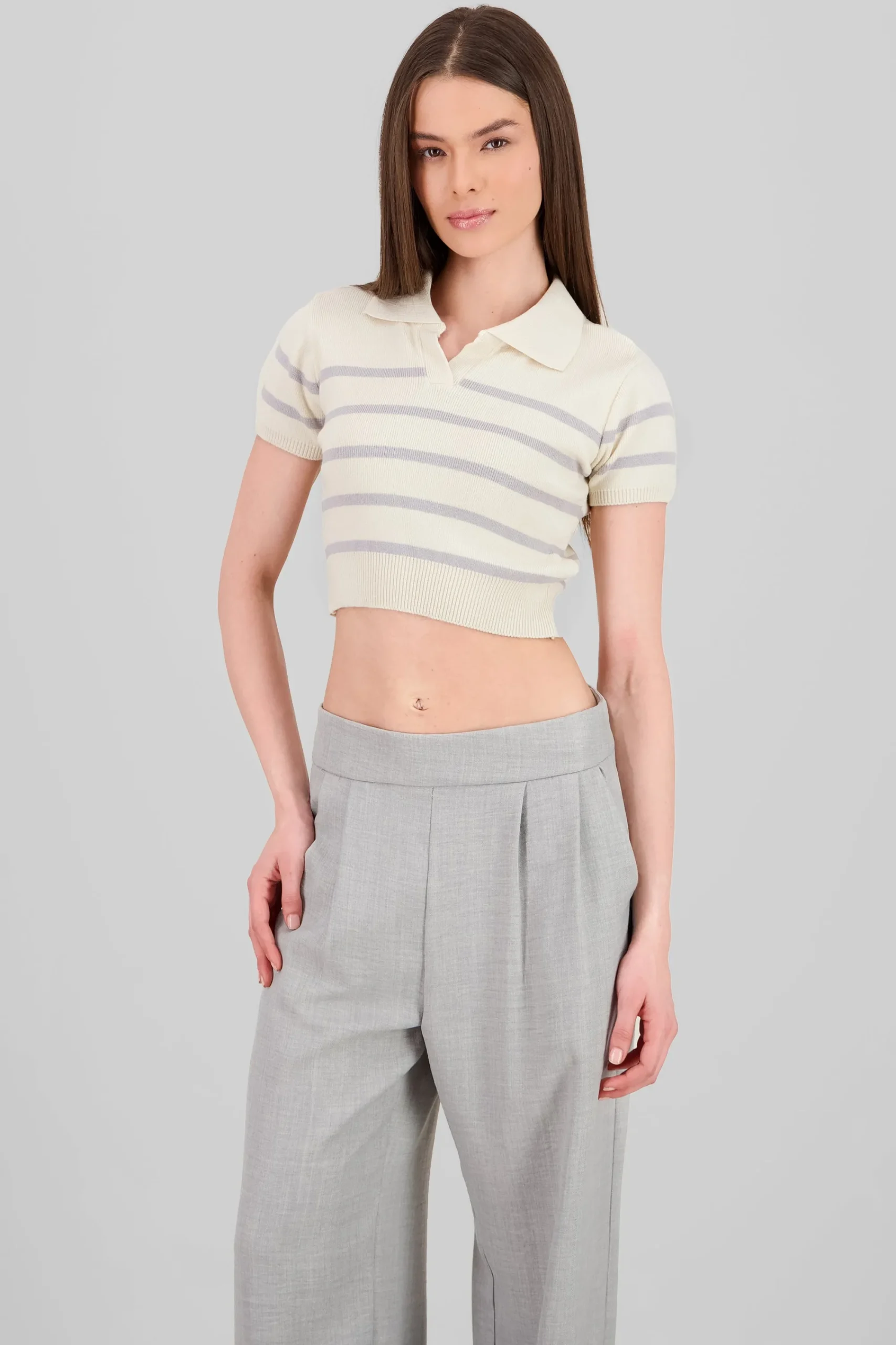 Shasa Striped Print Short Sleeve Polo Neck
