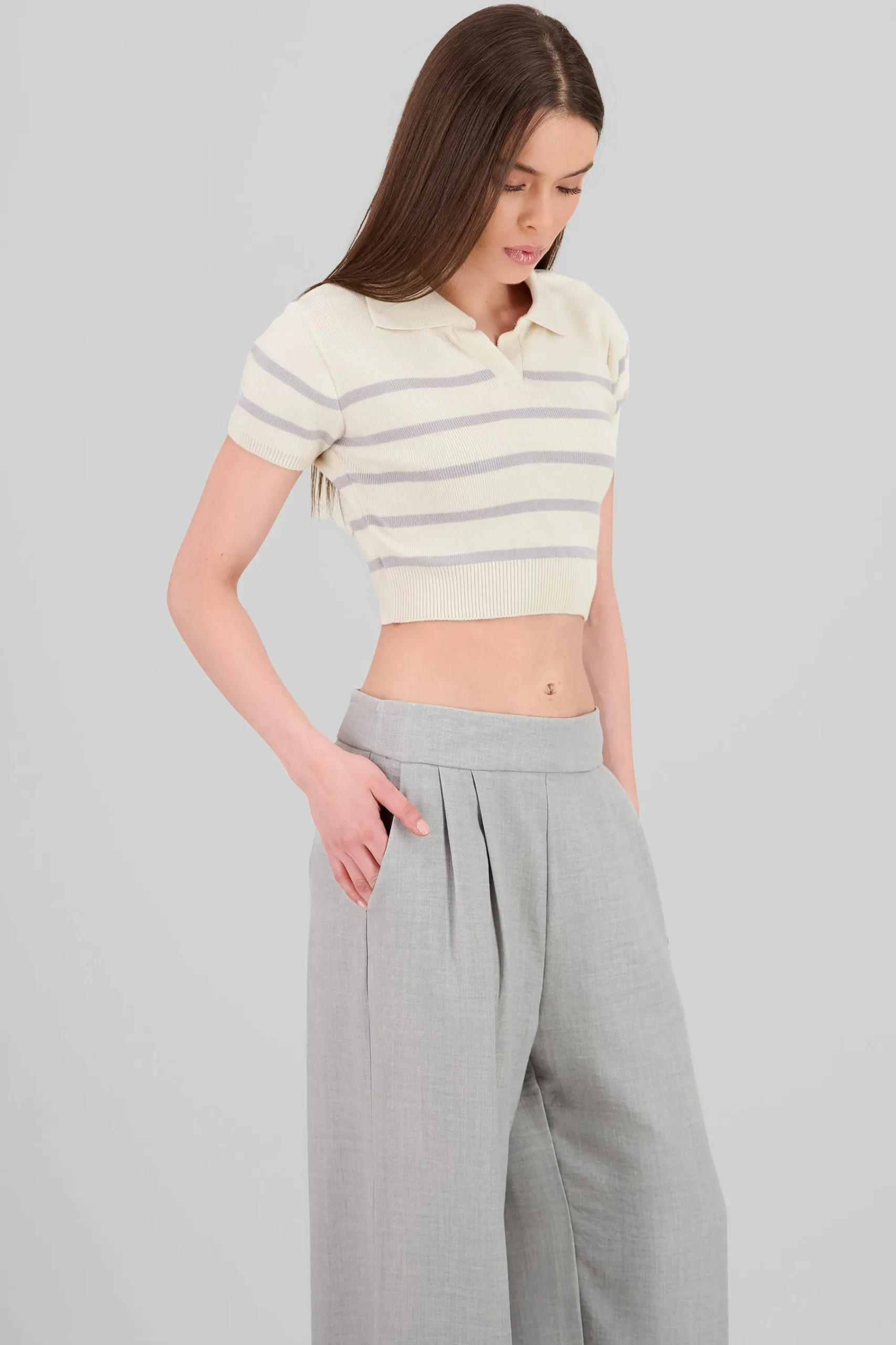 Shasa Striped Print Short Sleeve Polo Neck