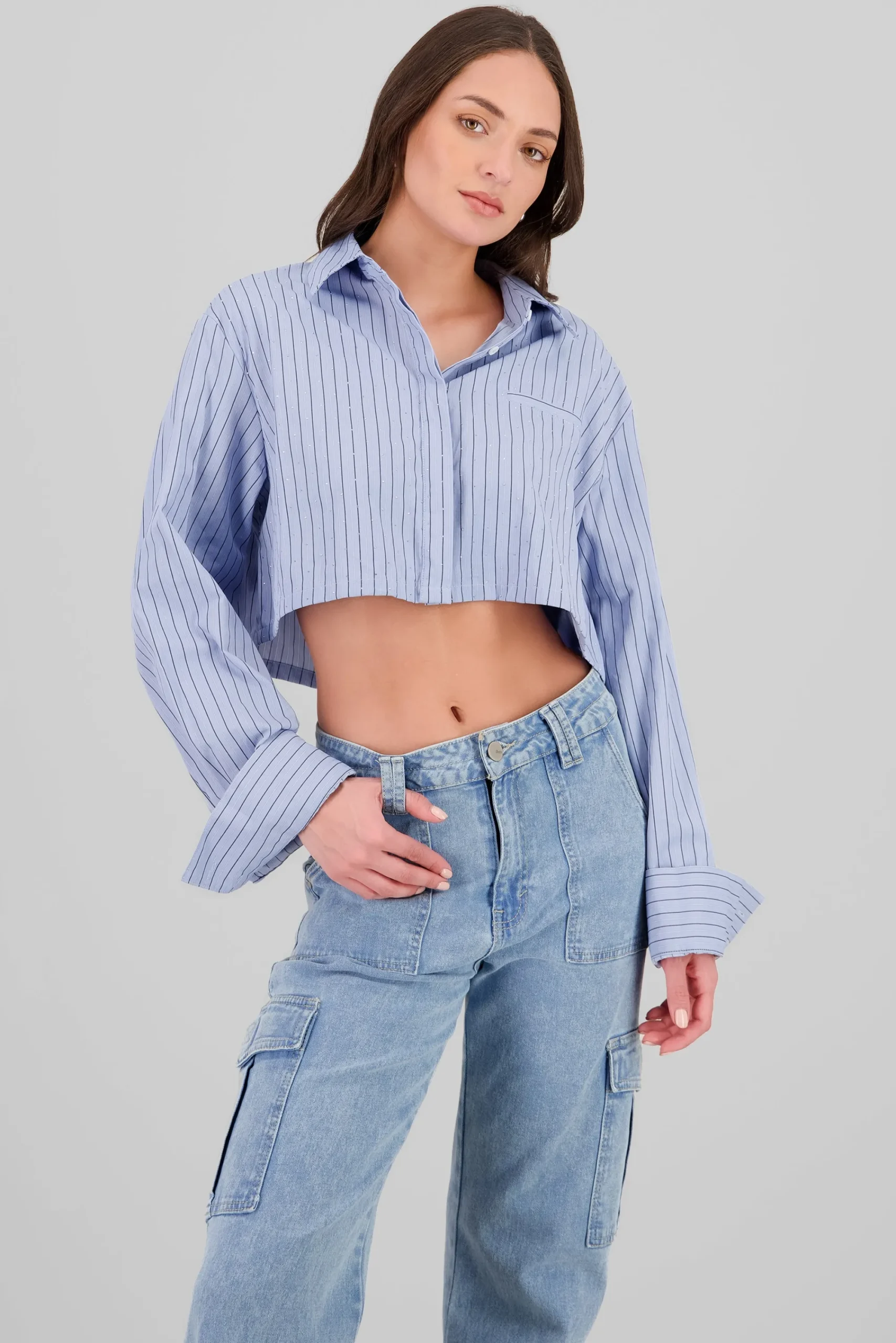 Shasa Striped Sparkly Crop Shirt