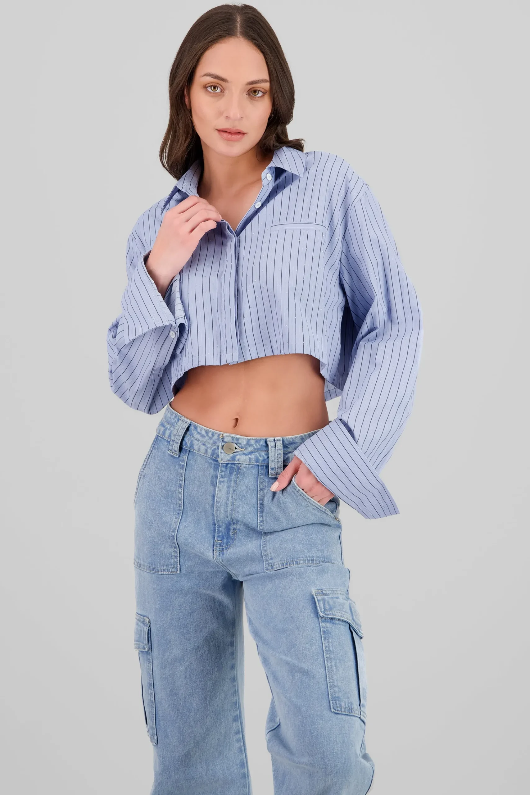 Shasa Striped Sparkly Crop Shirt
