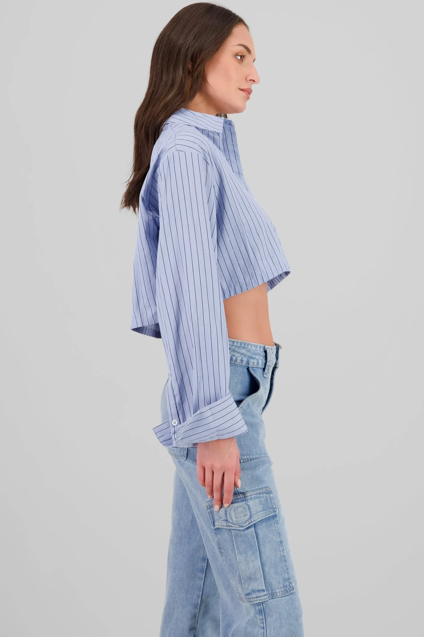 Shasa Striped Sparkly Crop Shirt