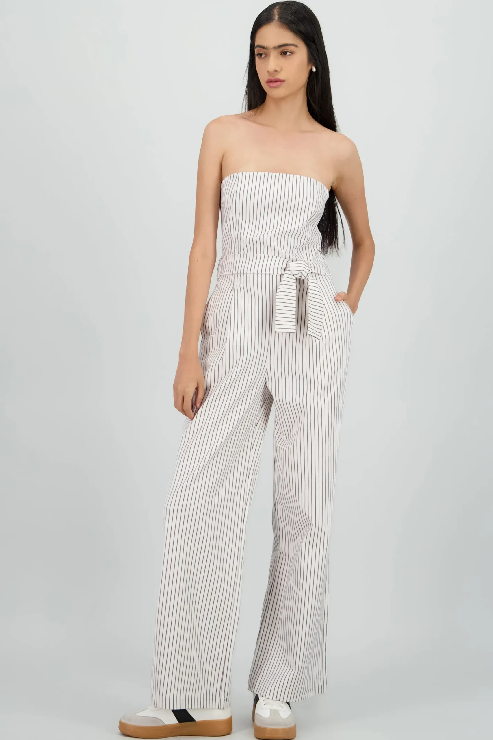 Shasa Striped Strapless Jumpsuit with Bow Detail