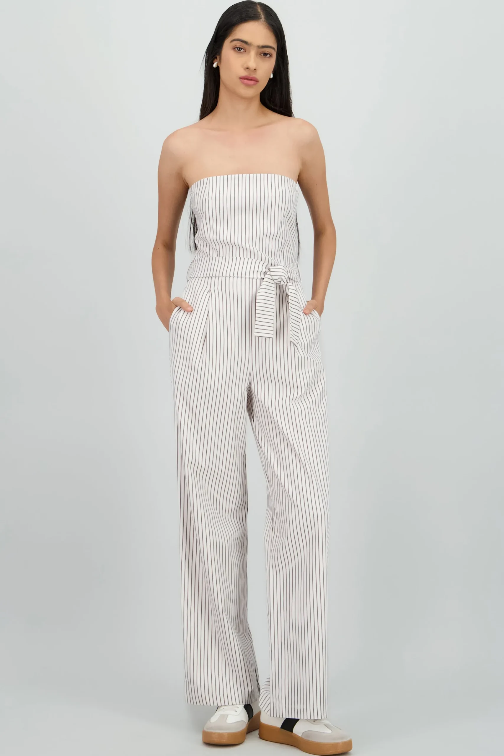 Shasa Striped Strapless Jumpsuit with Bow Detail