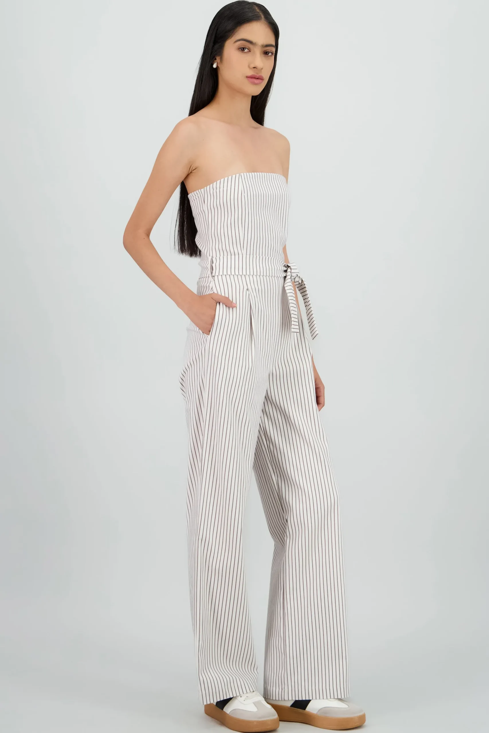 Shasa Striped Strapless Jumpsuit with Bow Detail