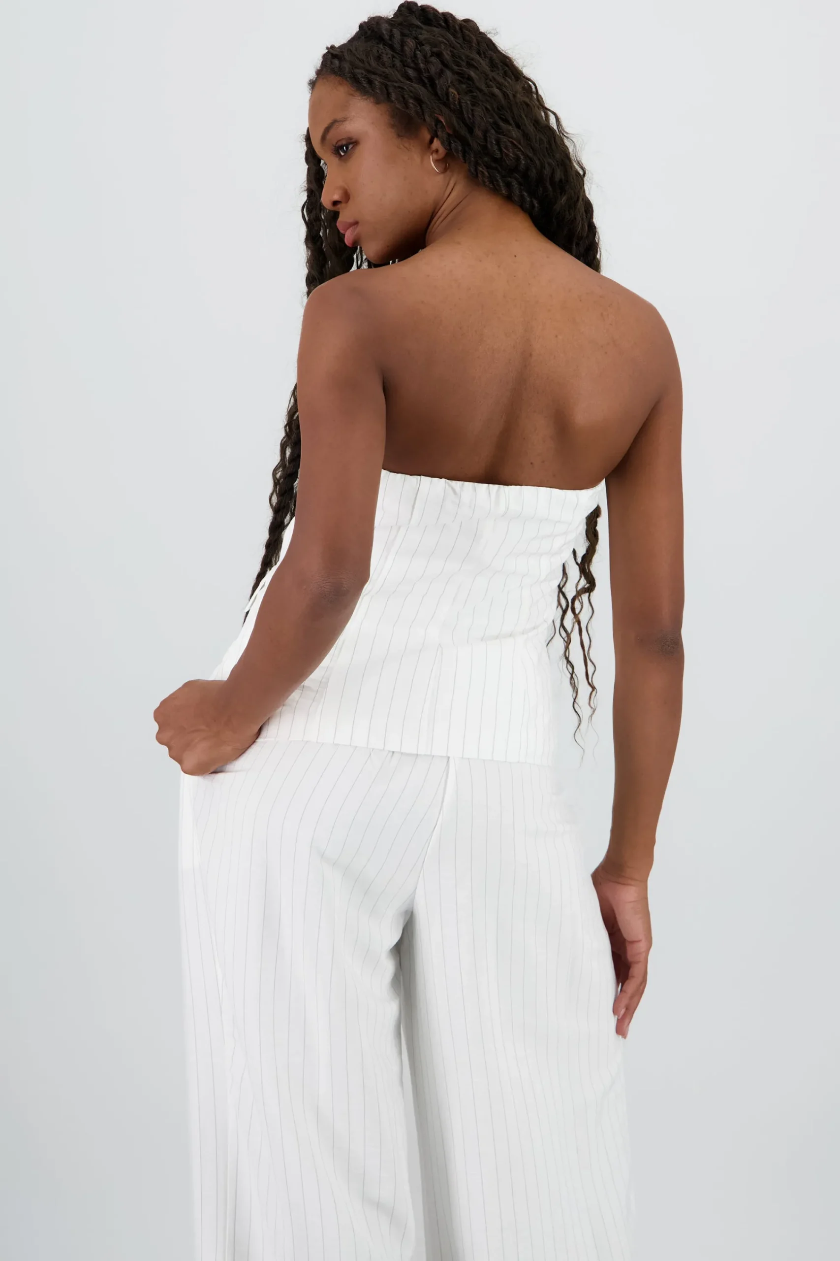 Shasa Striped Strapless Top with Buttons
